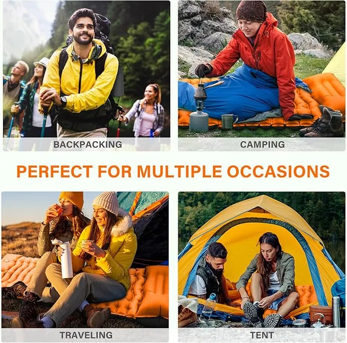 Camping Sleeping Pad, Ultralight Camping Mat with Pillow Built-in Foot Pump Inflatable Sleeping Pads Compact for Camping Backpacking Hiking Traveling - Orange