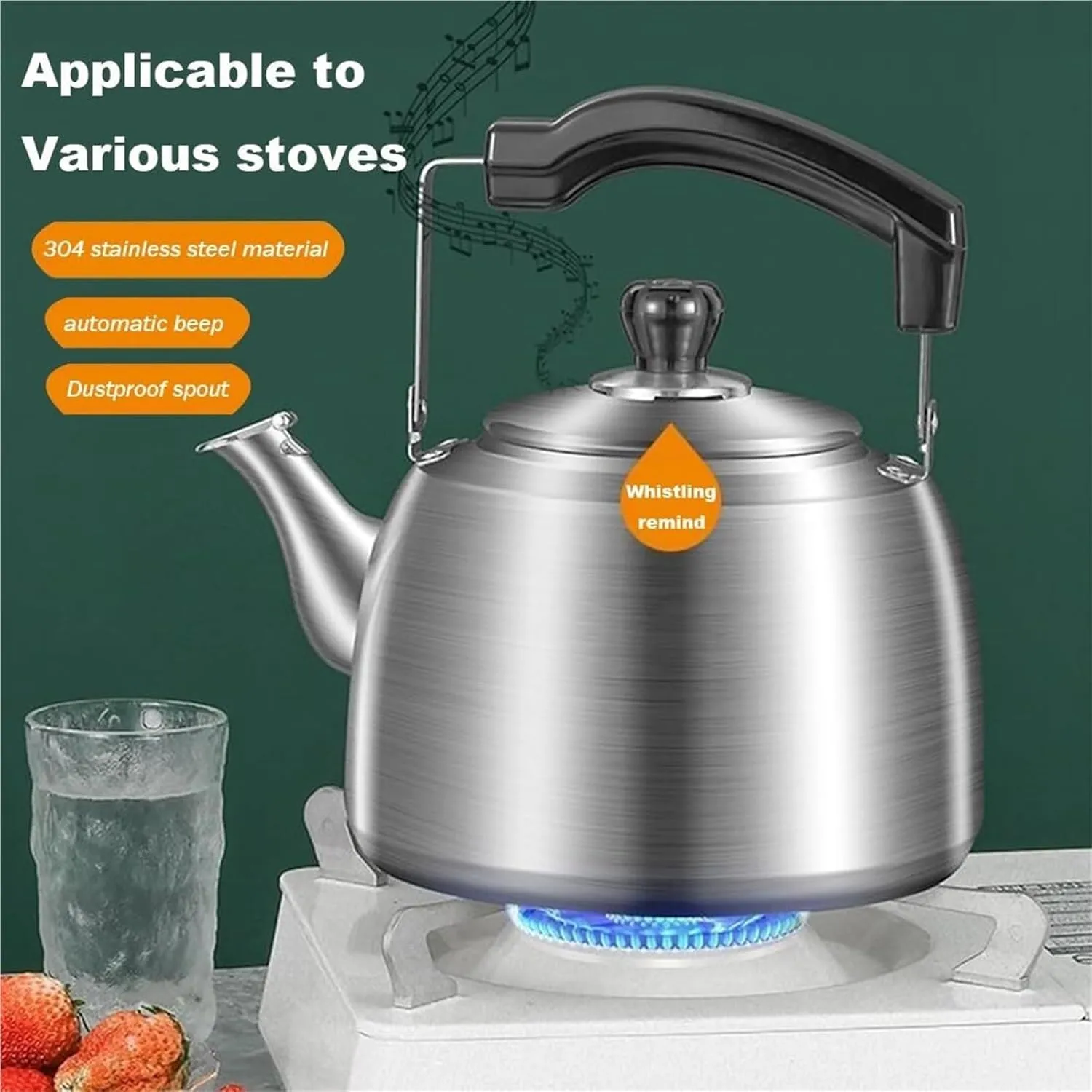 Camping Teapot, Tea Kettle Stovetop, 304 Food Grade Stainless Steel Whistling Tea Pot with Cool Touch Ergonomic Folding Handle for Family Kitchens and Restaurants(4L)