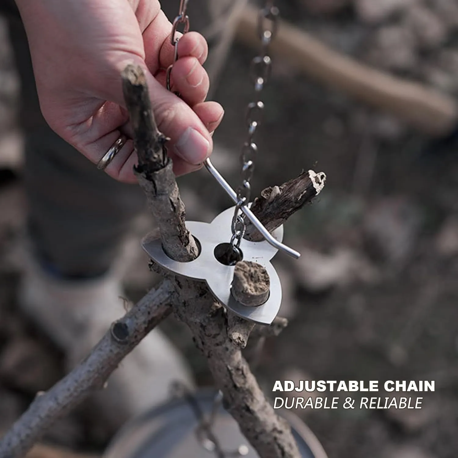 Camping Tripod Board Accessories - Turn Branches into Campfire Tripod for Cooking, Portable Camping Gear and Equipment for Camper Outdoor Firepit Hang Pot Cooking Grill Net&3 Points Chain Set