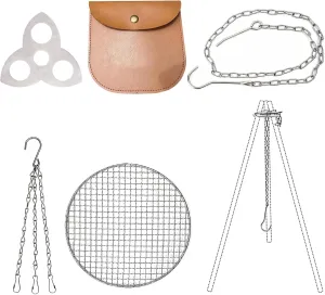 Camping Tripod Board Accessories - Turn Branches into Campfire Tripod for Cooking, Portable Camping Gear and Equipment for Camper Outdoor Firepit Hang Pot Cooking Grill Net&3 Points Chain Set