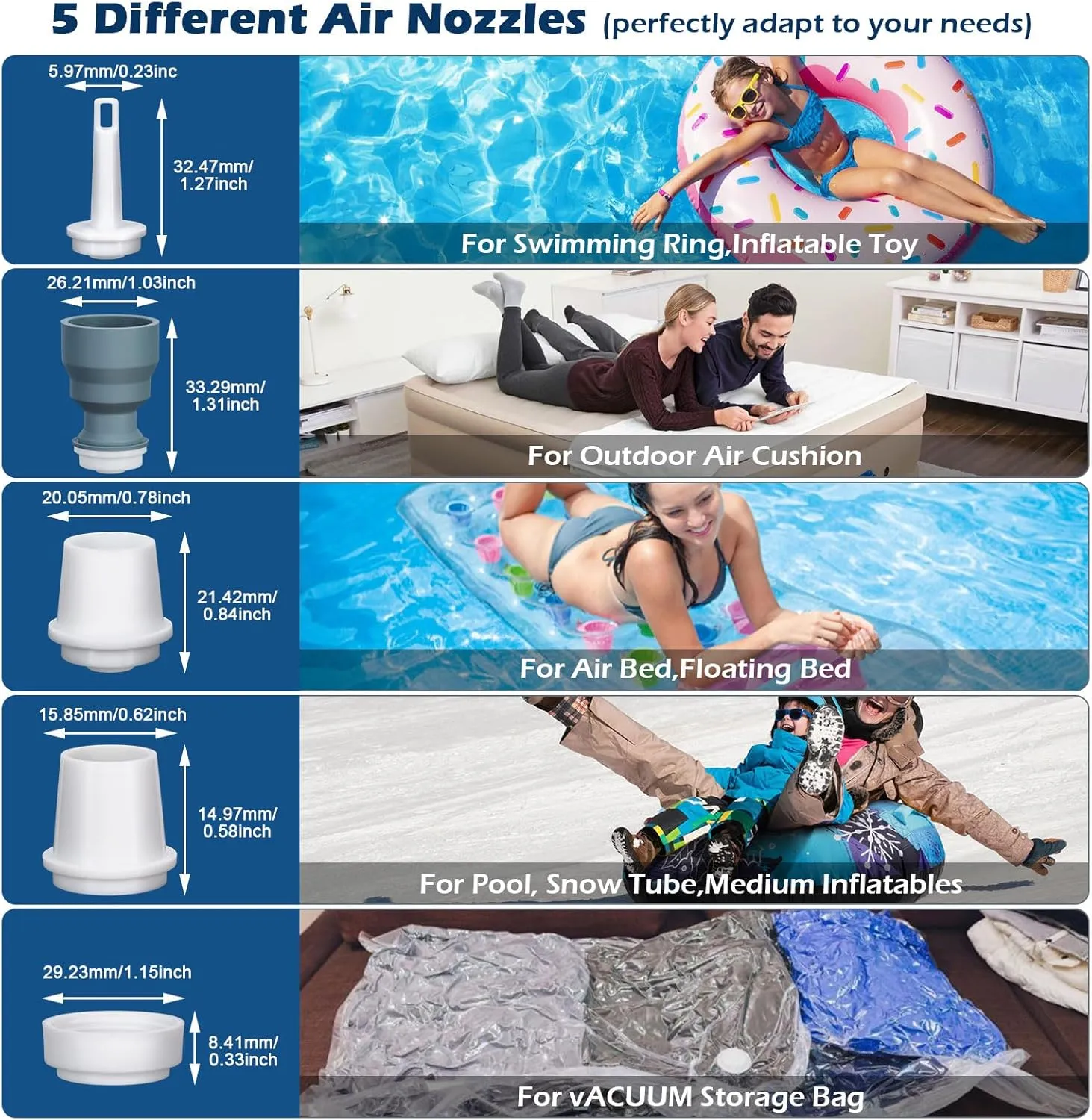 CAMULAND Mini Air Pump, Sleeping Pad Pump Portable Air Pump for Inflatable with 1300mAh Battery USB Rechargeable Camping Light 5 Nozzles for Air Mattress, Pool Floats,Vacuum Storage Bag