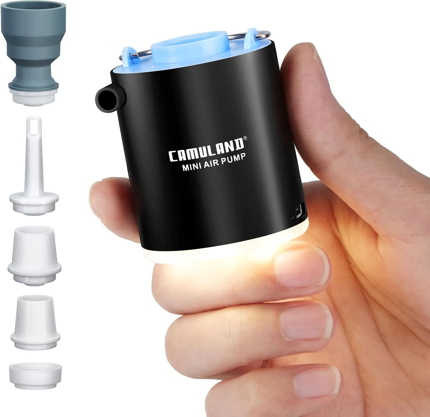 CAMULAND Mini Air Pump, Sleeping Pad Pump Portable Air Pump for Inflatable with 1300mAh Battery USB Rechargeable Camping Light 5 Nozzles for Air Mattress, Pool Floats,Vacuum Storage Bag