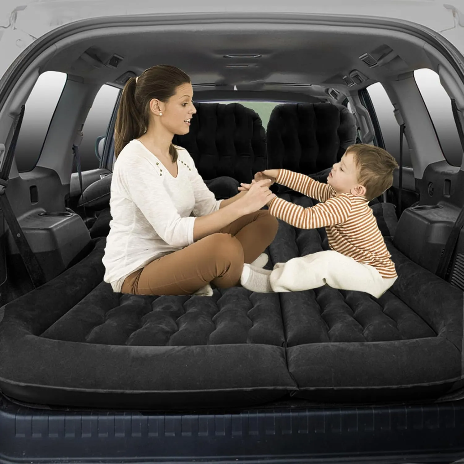 Car Air Mattress for Hyundai Grand Santafe 7seats 2013 2014 2015 2016 2017, Travel Camping Thickened Portable Inflatable Bed PVC Flocking Trunk Sleeping Mats,Black