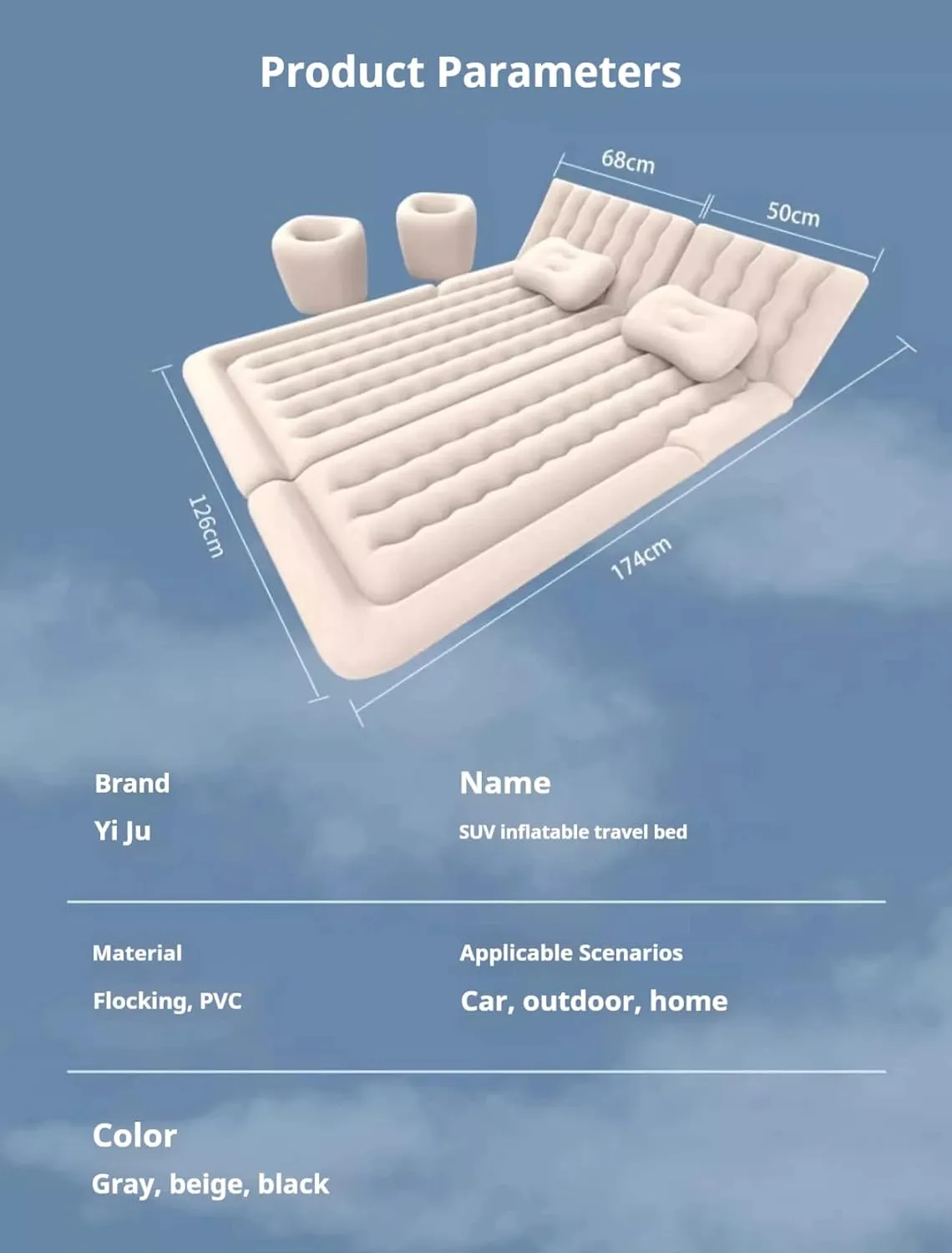 Car Air Mattress for Jeep Compass 2007-2017, Travel Camping Thickened Portable Inflatable Bed Flocking PVC Surface Trunk Sleeping Pillow Pad,Grey