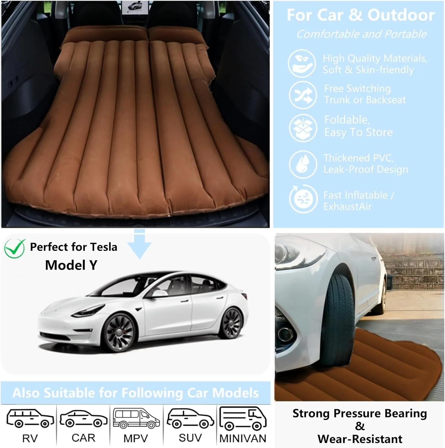Car Air Mattress for Tesla Model Y, Camping Bed Inflatable Car Bed Mattress Fits SUV RV Truck Backseat Trunk, Portable Foldable Sleeping Pad Tent Mat for Travel Home Brown