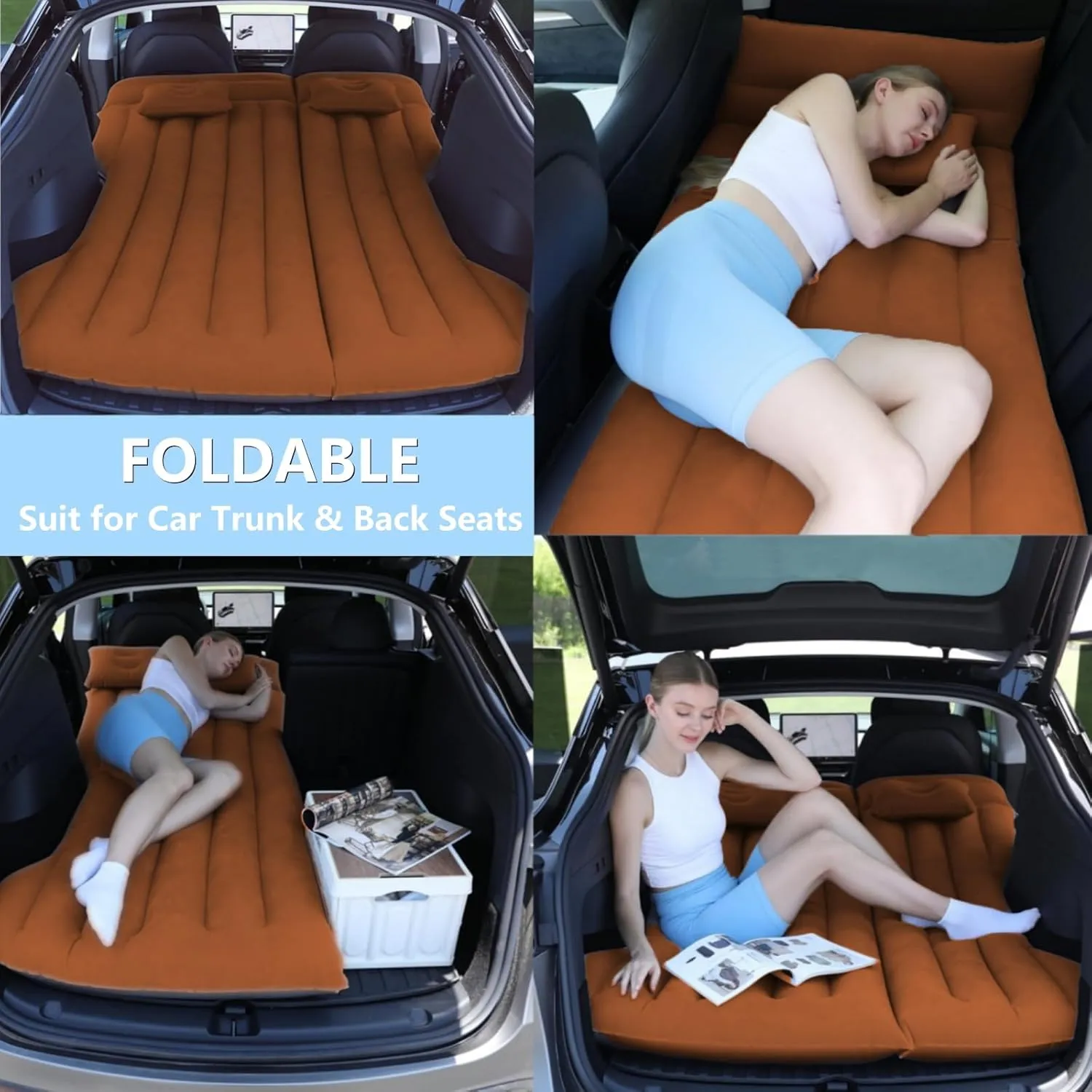 Car Air Mattress for Tesla Model Y, Camping Bed Inflatable Car Bed Mattress Fits SUV RV Truck Backseat Trunk, Portable Foldable Sleeping Pad Tent Mat for Travel Home Brown