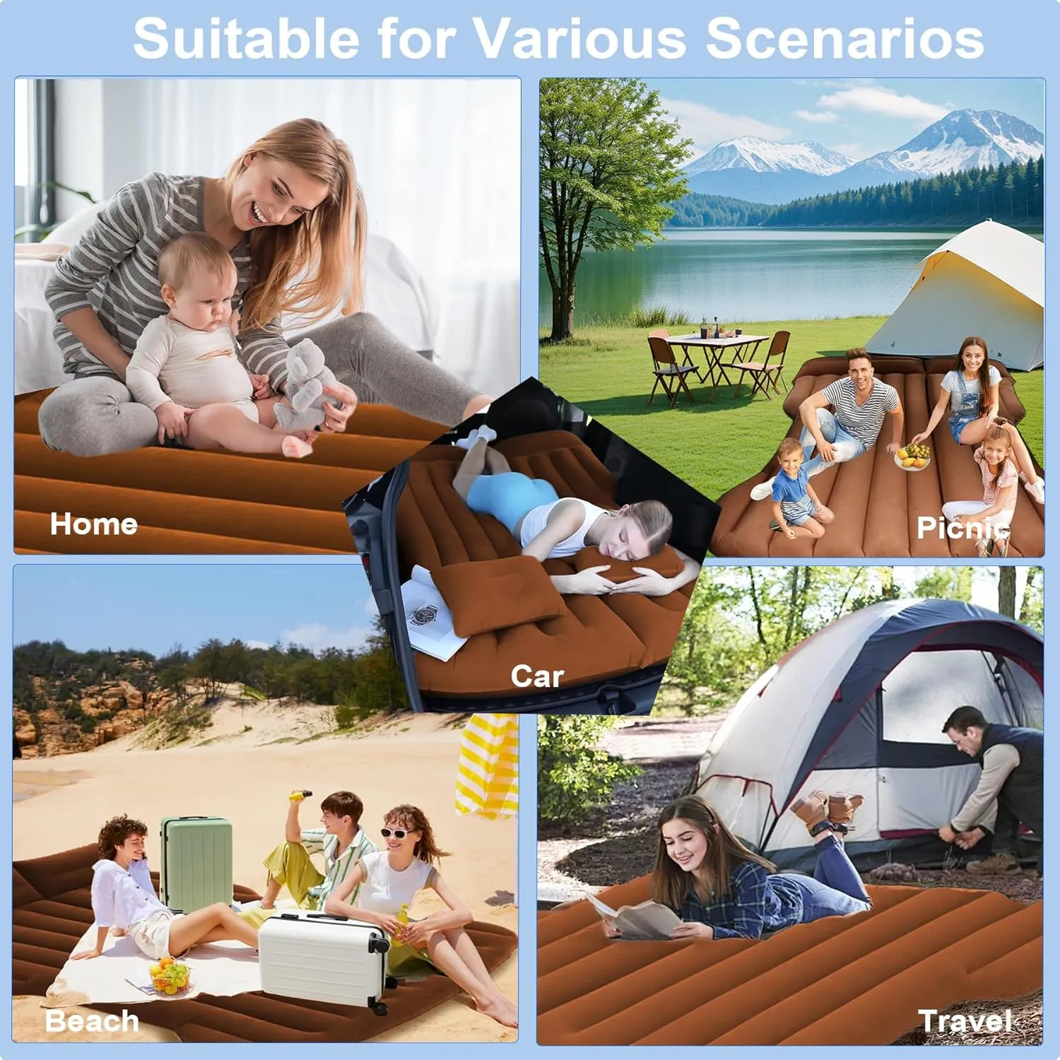 Car Air Mattress for Tesla Model Y, Camping Bed Inflatable Car Bed Mattress Fits SUV RV Truck Backseat Trunk, Portable Foldable Sleeping Pad Tent Mat for Travel Home Brown