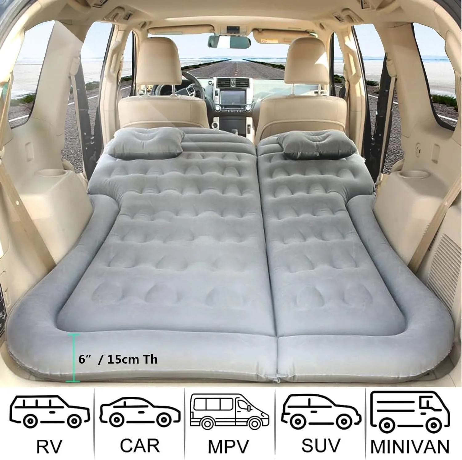 Car Air Mattress for Toyota Prius C 2012-2020, Trunk Rear Seat Inflatable Thickened Flocking Travel Camping Bed, Air Pump 2 Pillows,Dark Green