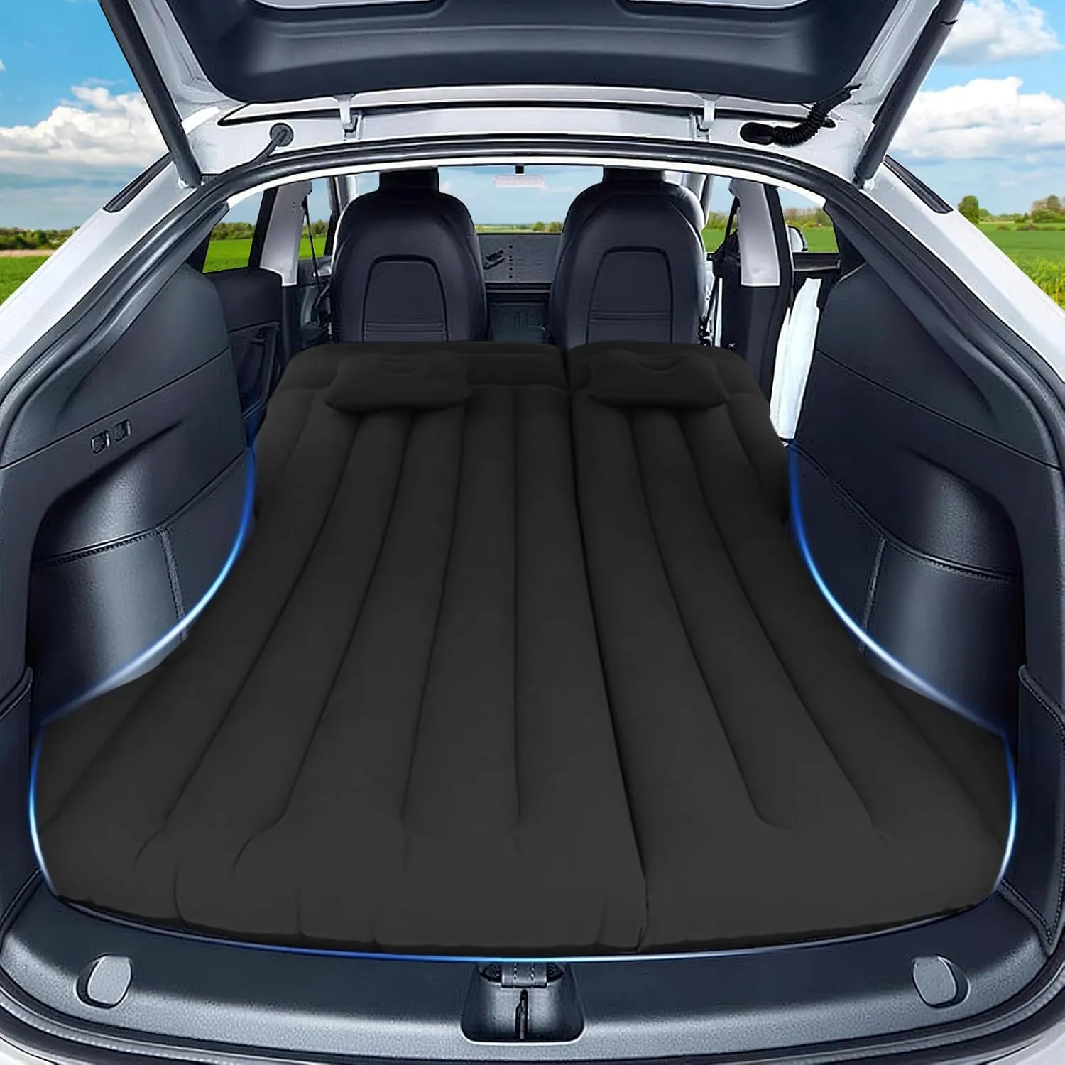 Car Air Mattress, Inflatable Bed Compatible with Tesla Model Y, Thickened Comfortable Durable, with Pump and 2 Pillow, Foldable Mattress for Trunk/Rear Seat, Air Bed for Sleep Camping Travel (Black)