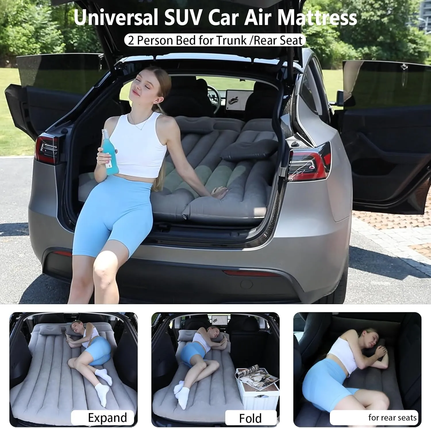 Car Air Mattress, Inflatable Bed Compatible with Tesla Model Y, Thickened Comfortable Durable, with Pump and 2 Pillow, Foldable Mattress for Trunk/Rear Seat, Air Bed for Sleeping Camping Travel (Grey)