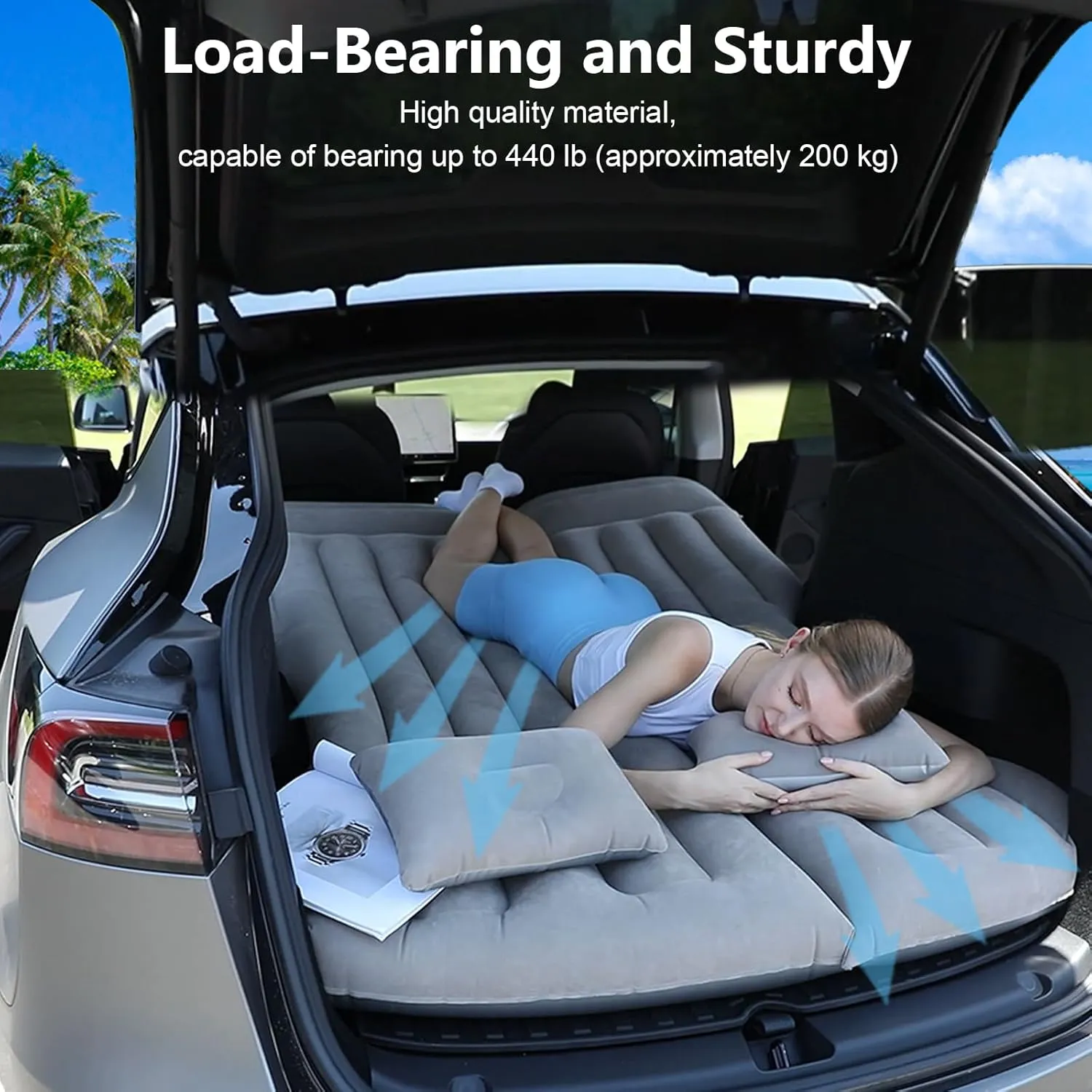 Car Air Mattress, Inflatable Bed Compatible with Tesla Model Y, Thickened Comfortable Durable, with Pump and 2 Pillow, Foldable Mattress for Trunk/Rear Seat, Air Bed for Sleeping Camping Travel (Grey)