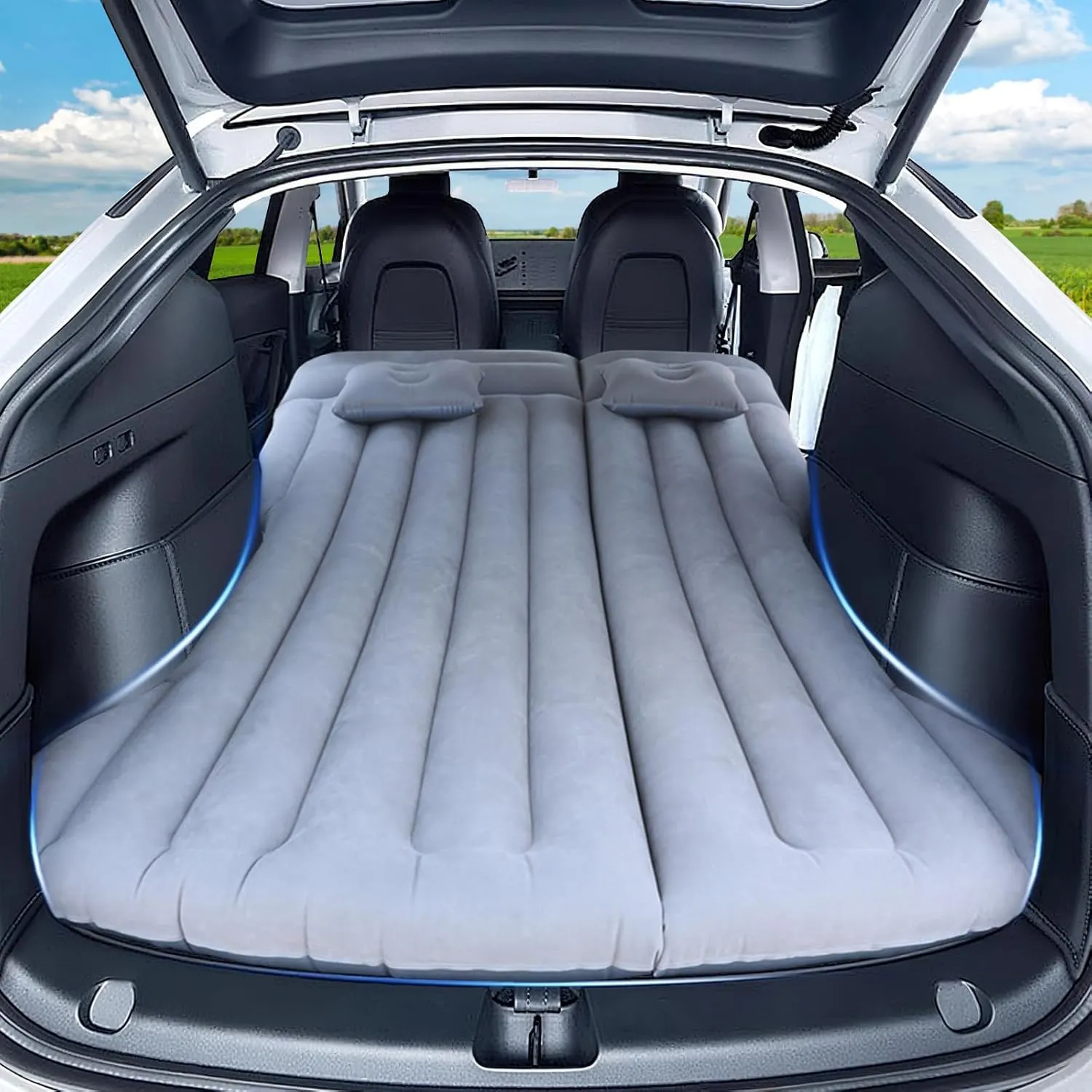 Car Air Mattress, Inflatable Bed Compatible with Tesla Model Y, Thickened Comfortable Durable, with Pump and 2 Pillow, Foldable Mattress for Trunk/Rear Seat, Air Bed for Sleeping Camping Travel (Grey)