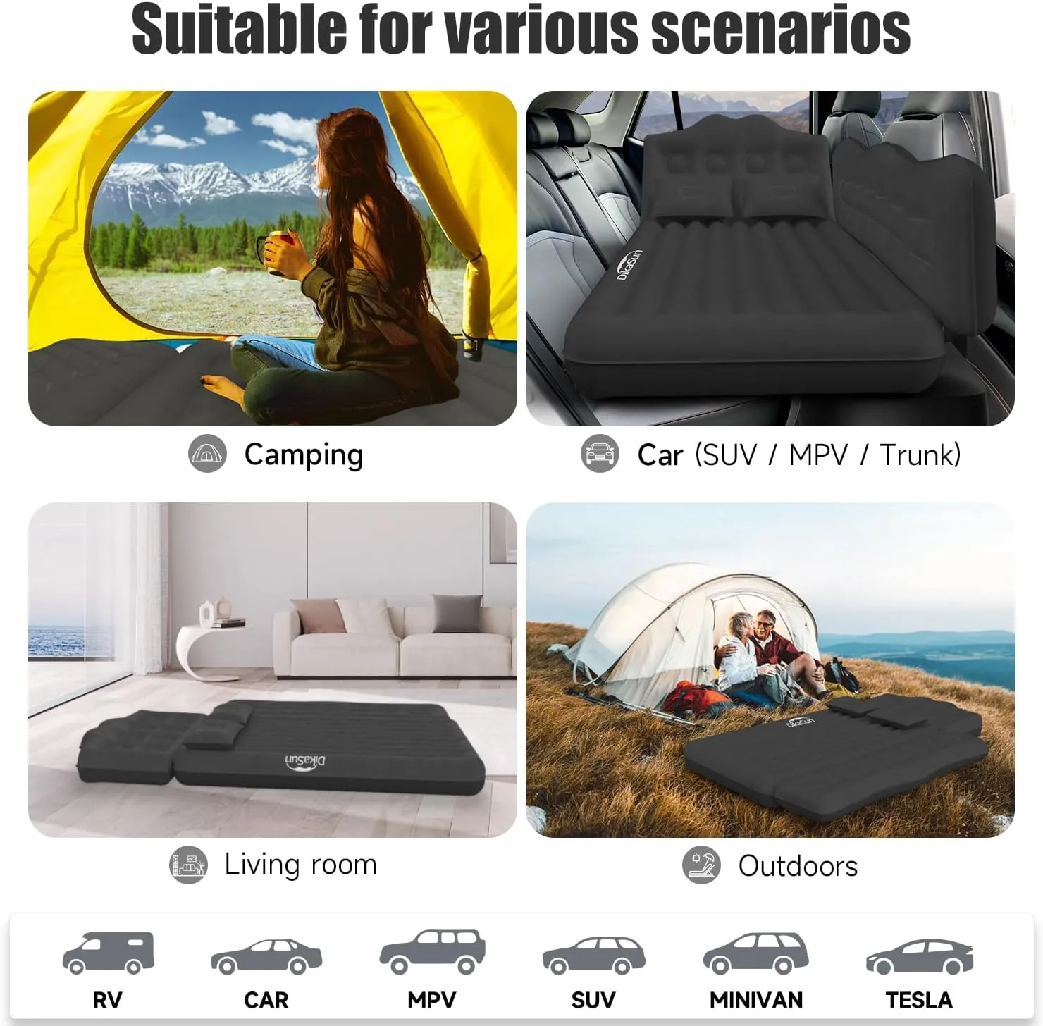 Car Air Mattress, Inflatable SUV Truck Camping Mattress for Back Seat, Thickened Travel Car Bed Sleeping Pad with Air Pump 2 Pillows