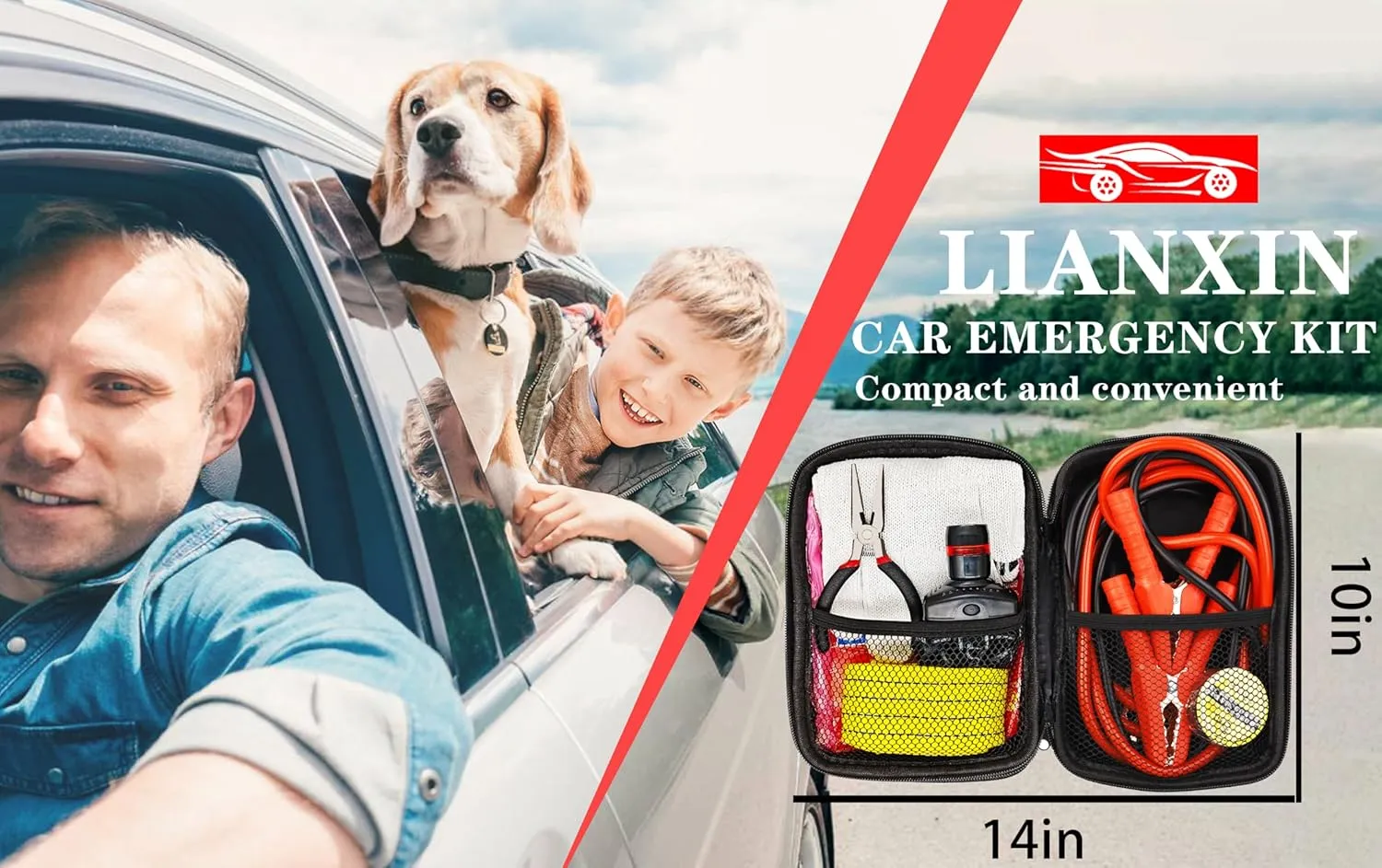 Car Emergency Roadside Tool Kit, Auto Emergency Kits Vehicles, with Jumper Cables kit，Car Safety Roadside Assistance Kit,Headlamp,Tow Straps,Needle Nose Pliers,Rainwear,Gloves.Matcha Green
