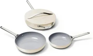 Caraway 4-Piece Fry Pan Set - Non-Stick Frying Pans (10.5” & 8”) & Non-Stick Sauté Pan - Non Toxic, PTFE & PFOA Free - Oven Safe & Compatible with All Stovetops (Gas, Electric & Induction) - Cream