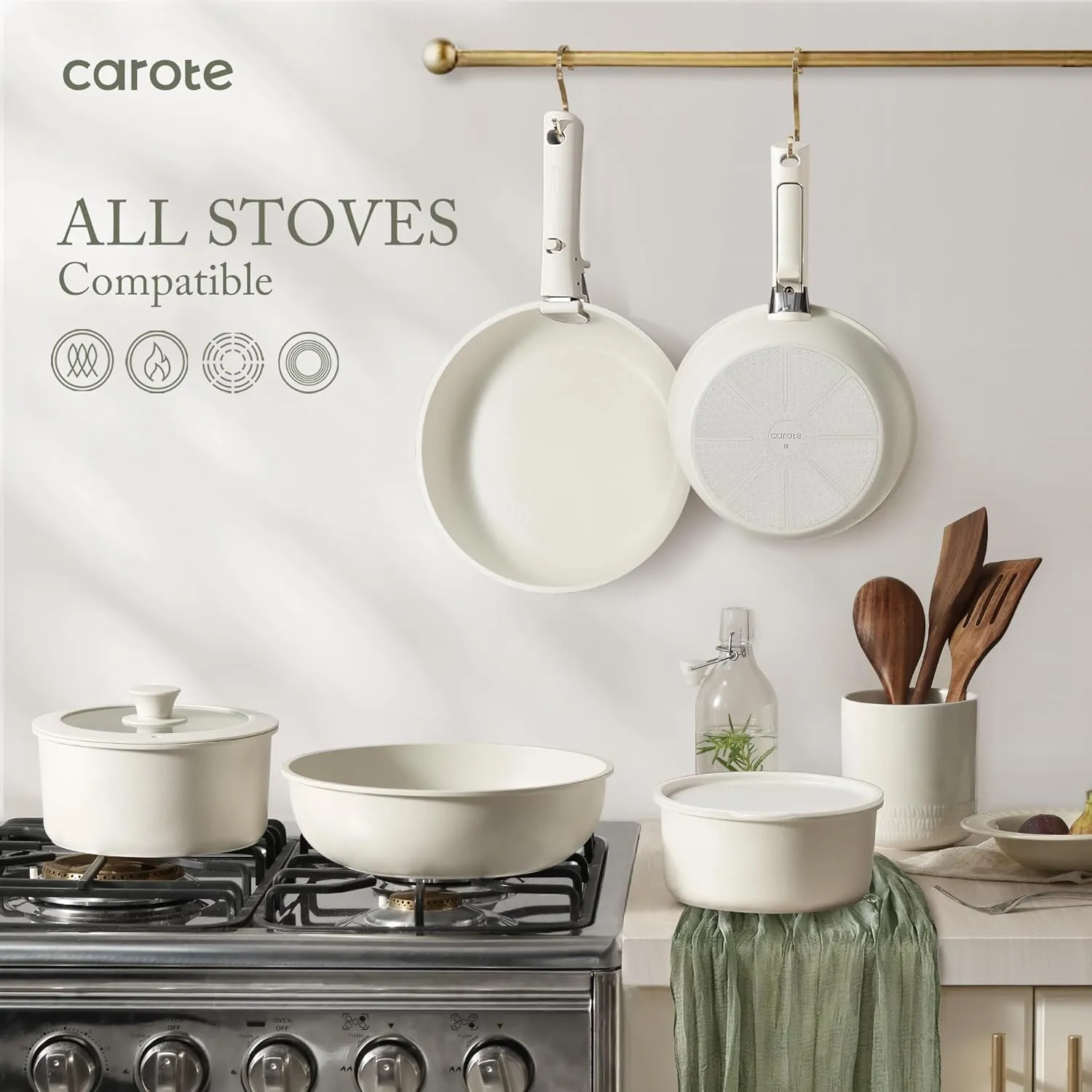 CAROTE 23pcs Pots and Pans Set Non Stick, Cookware Sets, Kitchen Set, Oven/Dishwasher/Fridge Safe, Space Saving Pots Set, Nonstick Set with Versatile Detachable Handle, Induction RV Set, Cream