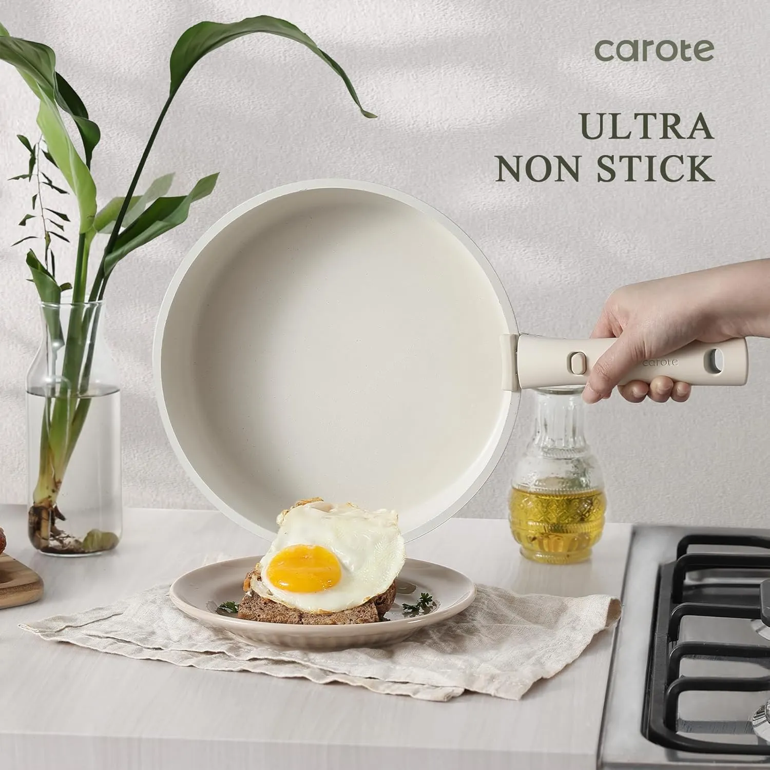CAROTE 23pcs Pots and Pans Set Non Stick, Cookware Sets, Kitchen Set, Oven/Dishwasher/Fridge Safe, Space Saving Pots Set, Nonstick Set with Versatile Detachable Handle, Induction RV Set, Cream