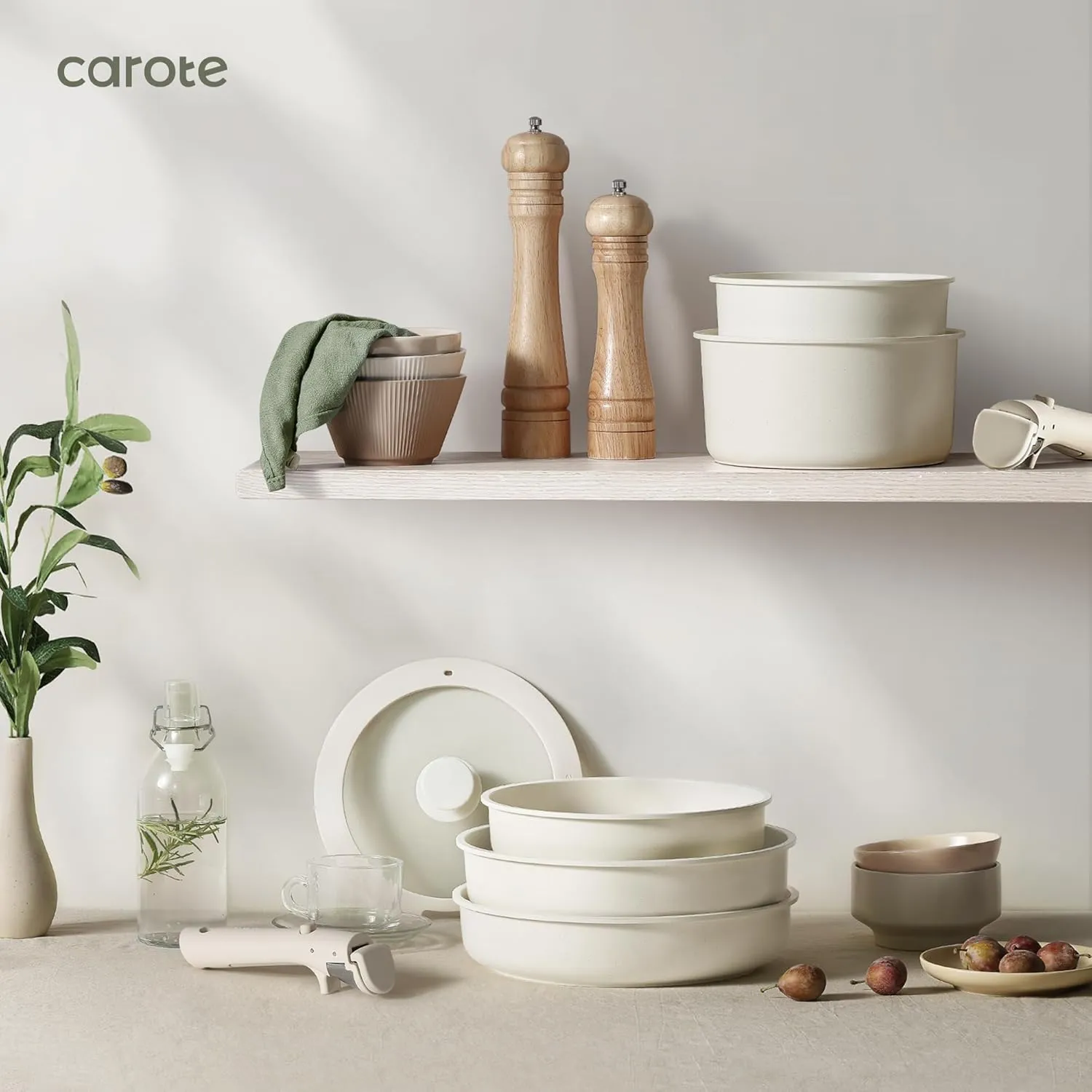 CAROTE 23pcs Pots and Pans Set Non Stick, Cookware Sets, Kitchen Set, Oven/Dishwasher/Fridge Safe, Space Saving Pots Set, Nonstick Set with Versatile Detachable Handle, Induction RV Set, Cream