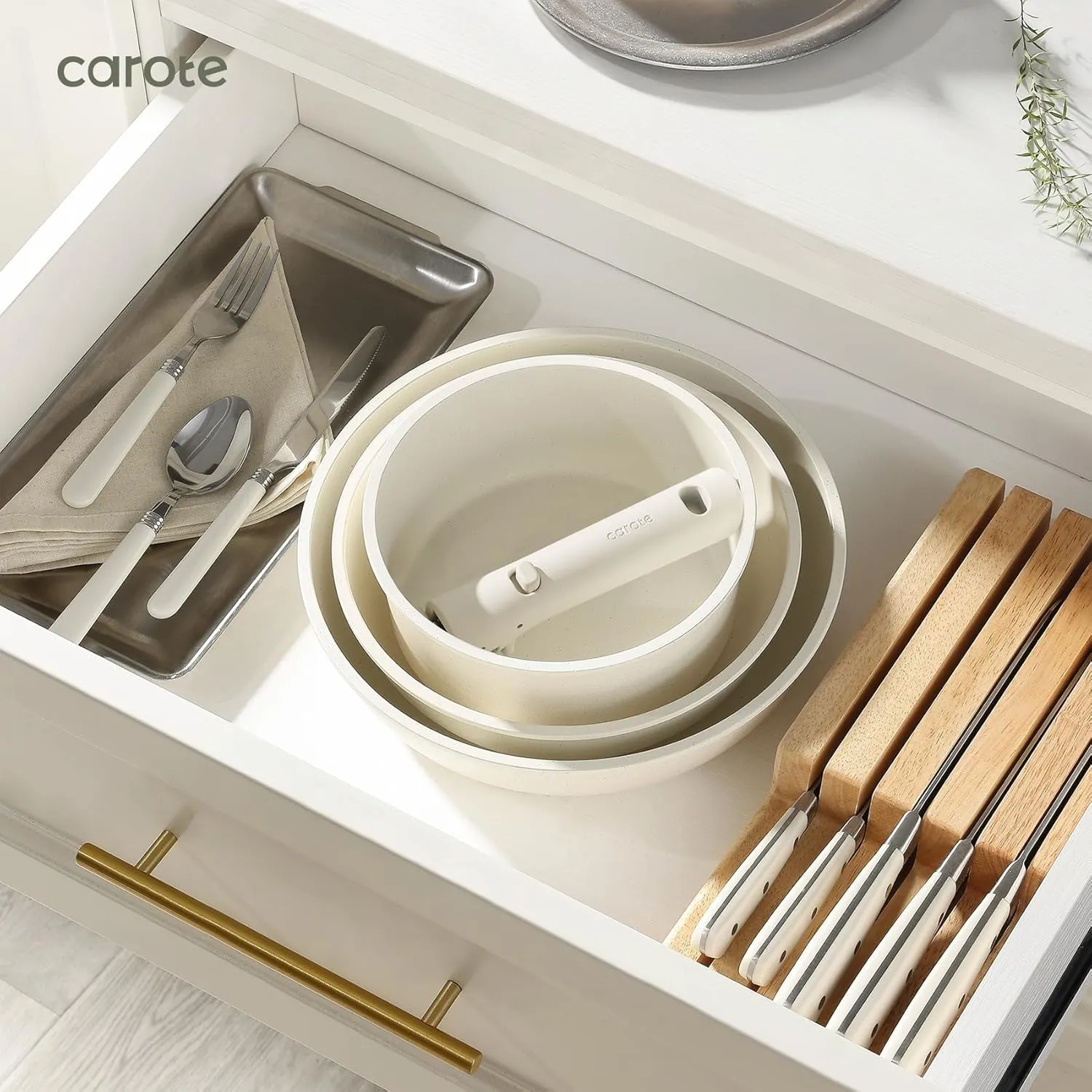 CAROTE 23pcs Pots and Pans Set Non Stick, Cookware Sets, Kitchen Set, Oven/Dishwasher/Fridge Safe, Space Saving Pots Set, Nonstick Set with Versatile Detachable Handle, Induction RV Set, Cream