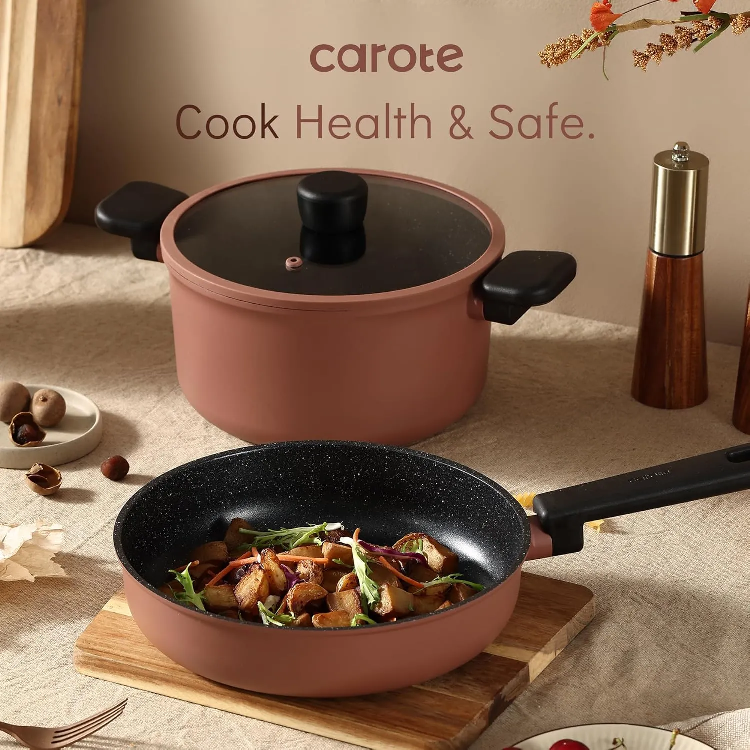 CAROTE Non Stick Pots and Pans Set, Cookware Sets Nonstick, Kitchen Cooking Set with Stay-Cool Handles,with Silicone Tools and Pot Protectors,14 Piece