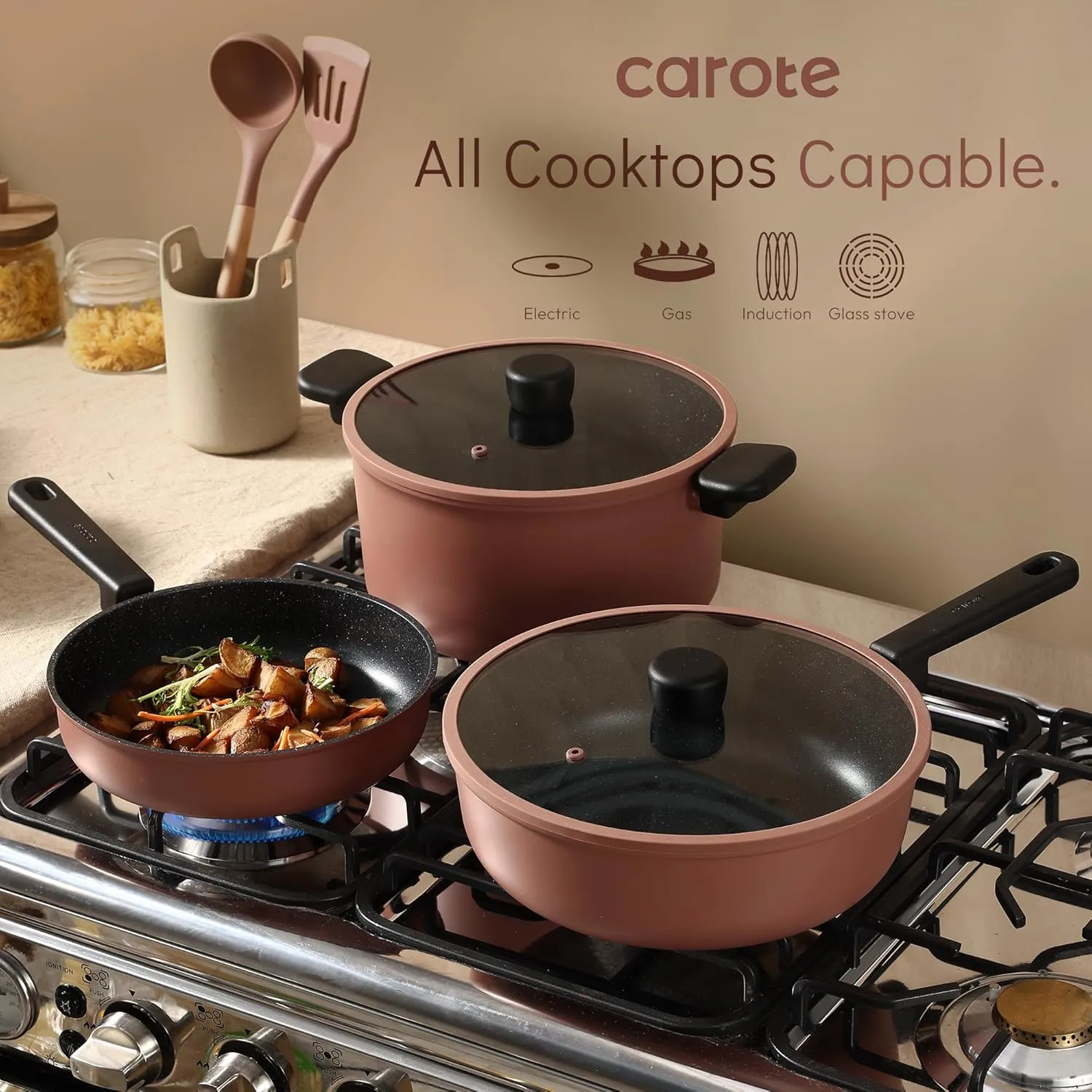 CAROTE Non Stick Pots and Pans Set, Cookware Sets Nonstick, Kitchen Cooking Set with Stay-Cool Handles,with Silicone Tools and Pot Protectors,14 Piece