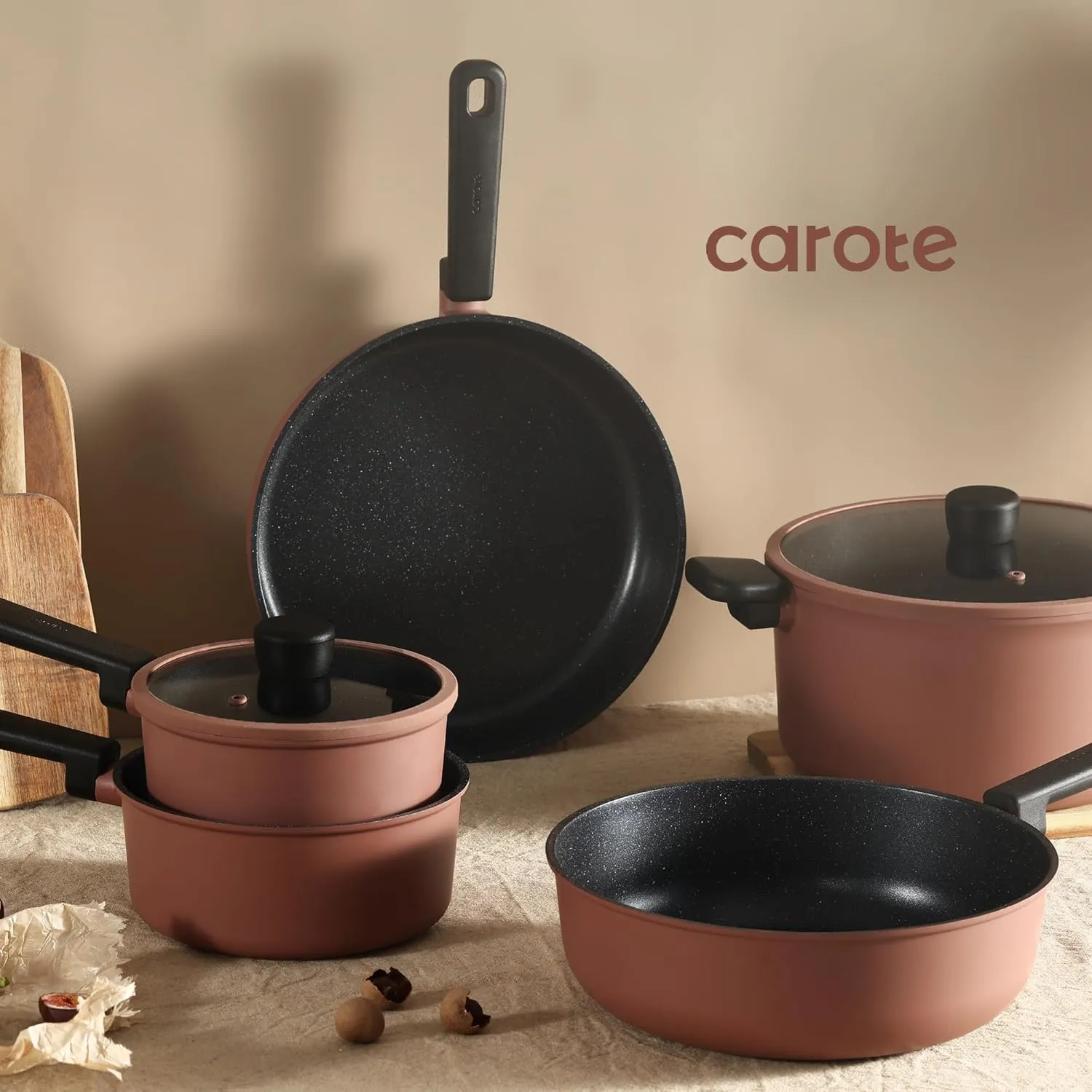 CAROTE Non Stick Pots and Pans Set, Cookware Sets Nonstick, Kitchen Cooking Set with Stay-Cool Handles,with Silicone Tools and Pot Protectors,14 Piece