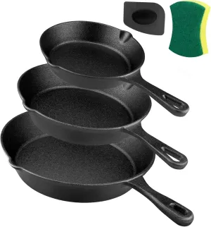 Cast Iron Skillet Set -3 Piece 6 inch, 8 inch and 10 inch Cast Iron Pan, with Scraper Dish Sponge - Oven Grill Stovetop Safe Cookware - Black