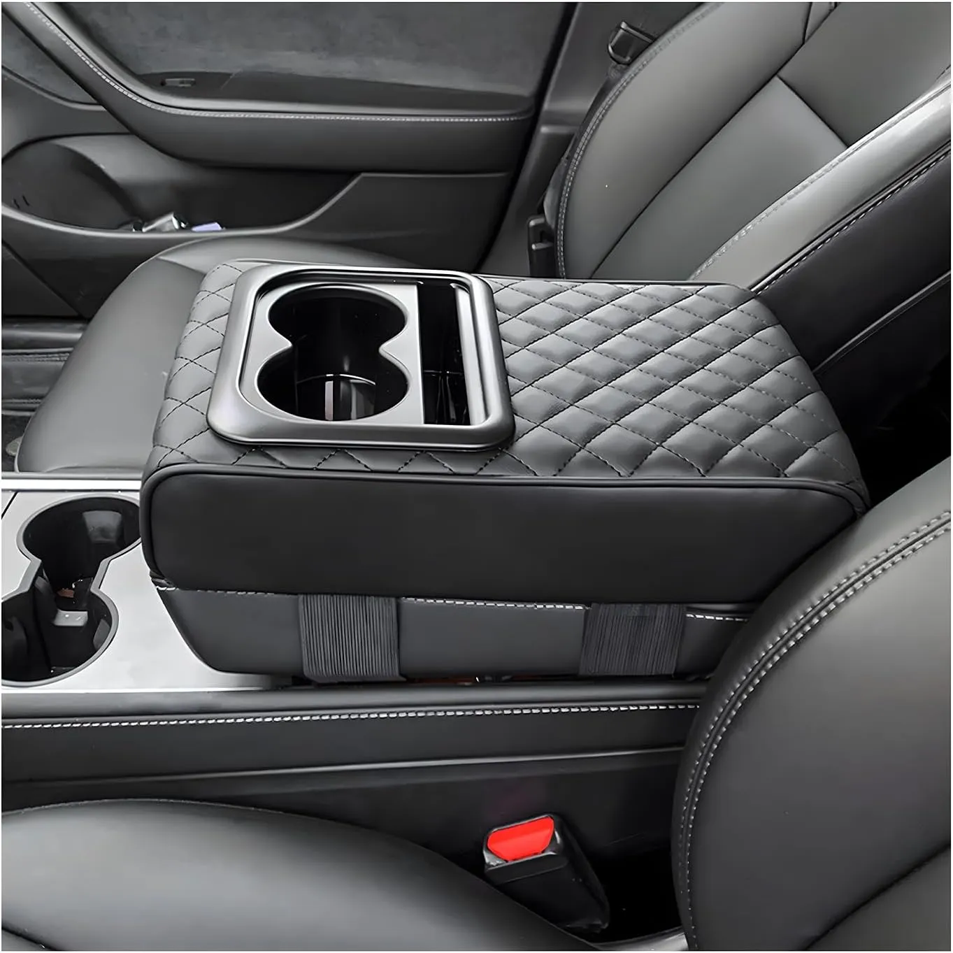 Center Console Armrest Pillow, 14.0"×8.3" Soft Leather Waterproof Armrest Cushion with Cup Holder, Comfy Memory Foam Auto Arm Rest Pad with Storage Bag, Car Accessories (Diamond Pattern)