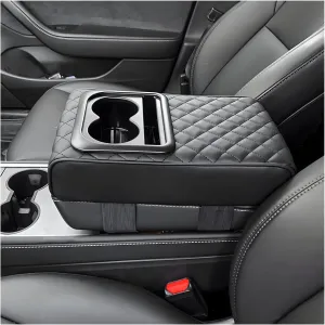 Center Console Armrest Pillow, 14.0"×8.3" Soft Leather Waterproof Armrest Cushion with Cup Holder, Comfy Memory Foam Auto Arm Rest Pad with Storage Bag, Car Accessories (Diamond Pattern)
