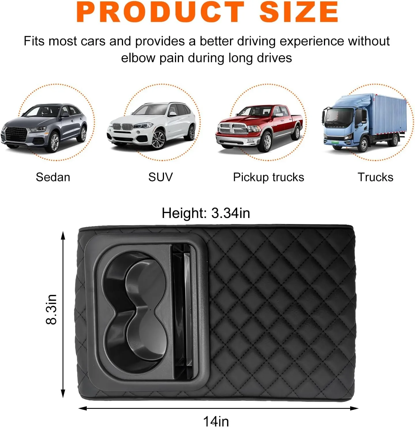 Center Console Armrest Pillow, 14.0"×8.3" Soft Leather Waterproof Armrest Cushion with Cup Holder, Comfy Memory Foam Auto Arm Rest Pad with Storage Bag, Car Accessories (Diamond Pattern)