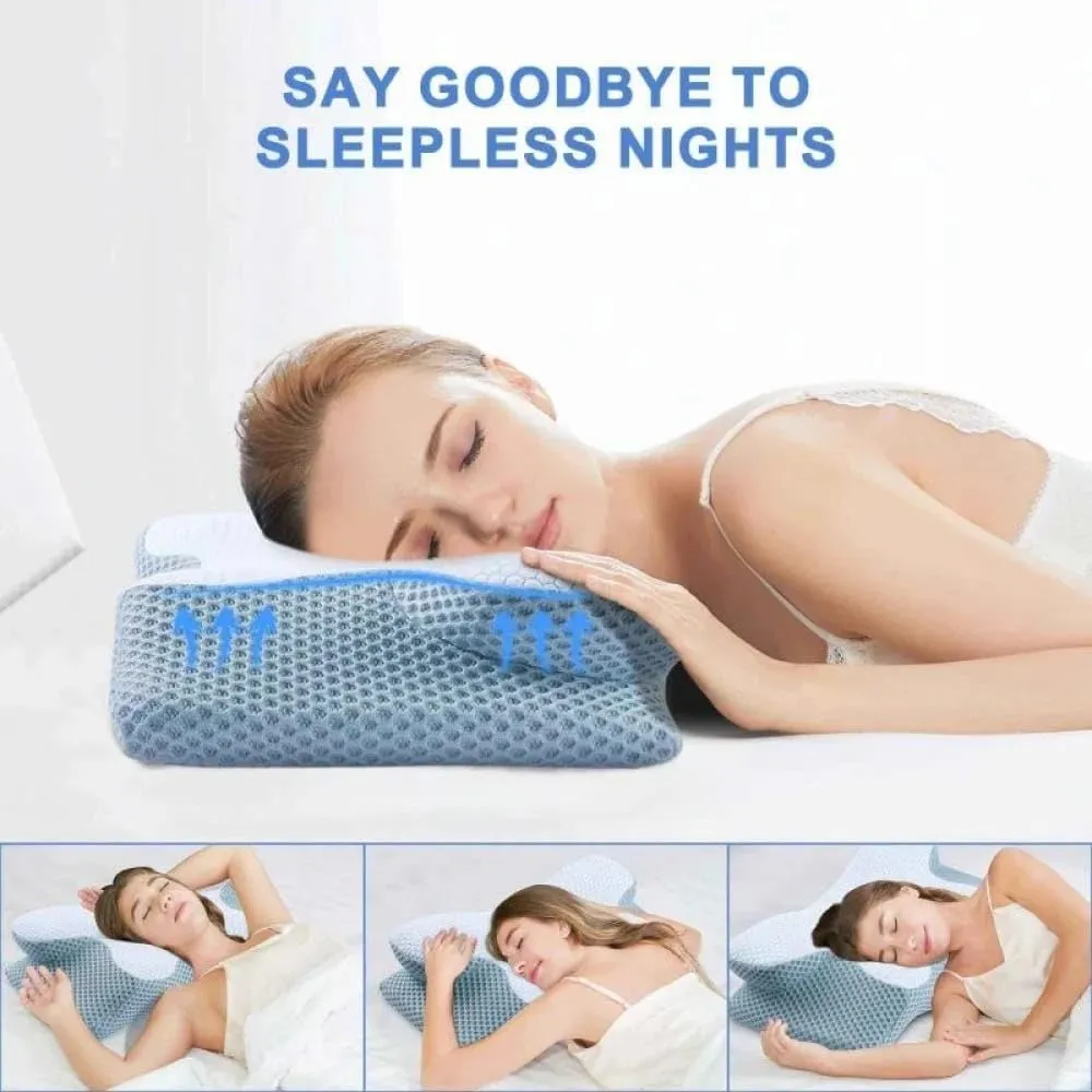 Cervical Memory Foam Pillow, Contour Pillows for Neck & Shoulder Pain, Ergonomic Orthopedic Sleeping Neck Contoured Support Pillow for Comfortable Side & Back Sleepers (Blue with White)