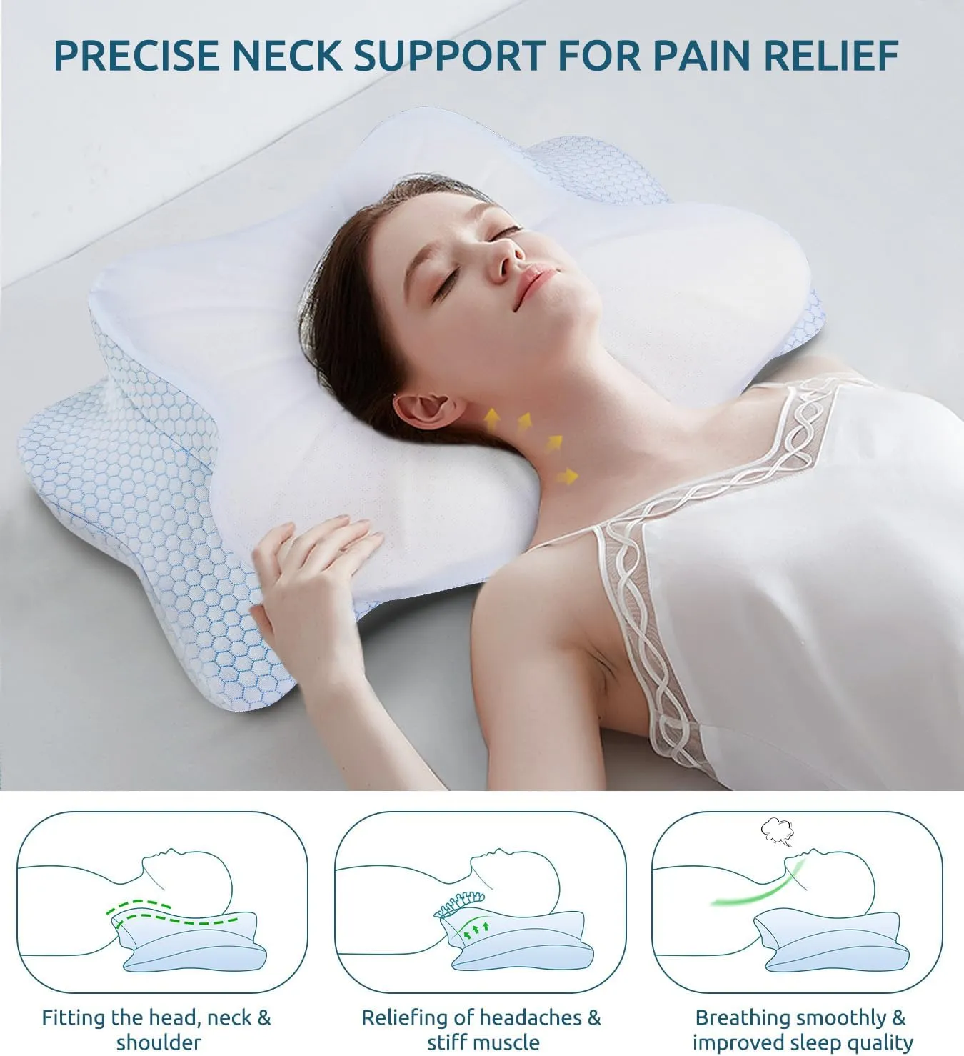 Cervical Memory Foam Pillow for Neck and Shoulder, Ergonomic Contour Cervical Pillow for Sleeping with 2 Heights, Cooling Neck Support Pillows for Side Back Stomach Sleeper Standard Size Blue