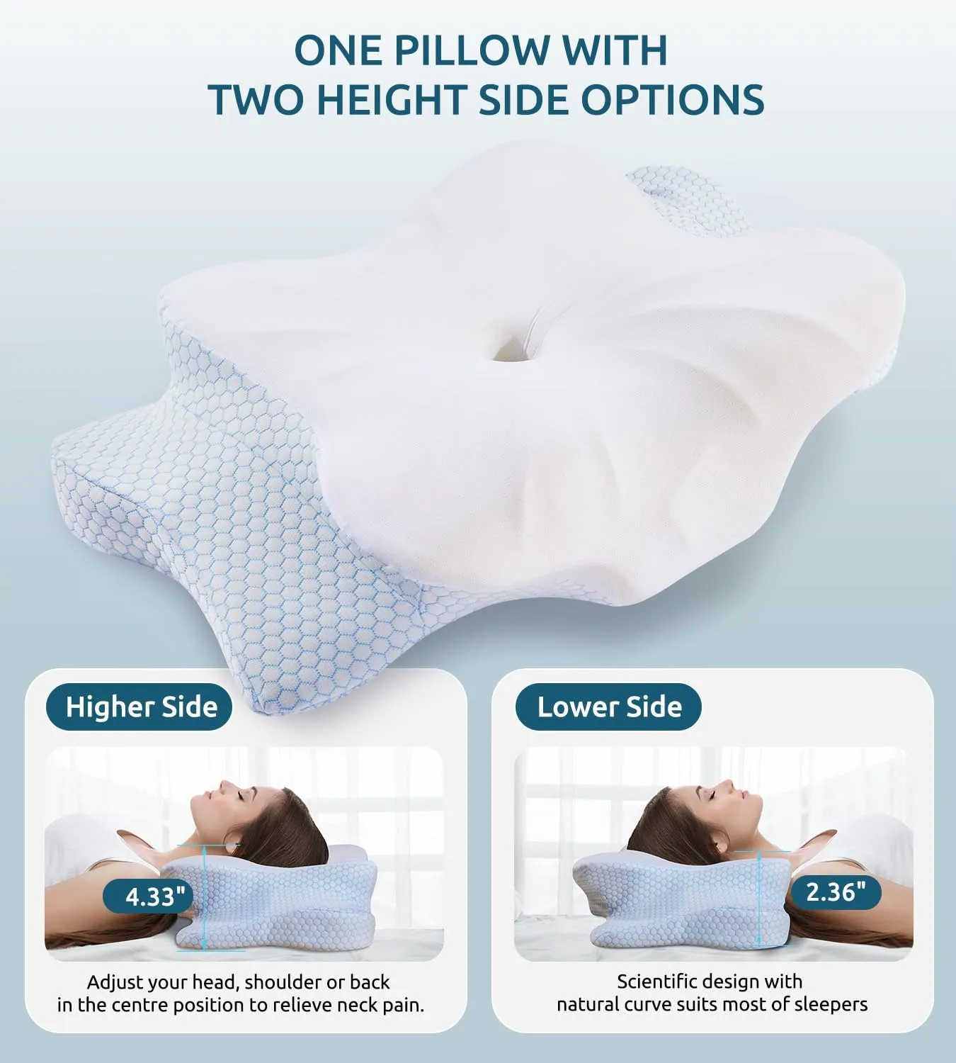 Cervical Memory Foam Pillow for Neck and Shoulder, Ergonomic Contour Cervical Pillow for Sleeping with 2 Heights, Cooling Neck Support Pillows for Side Back Stomach Sleeper Standard Size Blue