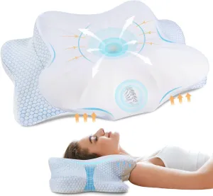Cervical Memory Foam Pillow for Neck and Shoulder, Ergonomic Contour Cervical Pillow for Sleeping with 2 Heights, Cooling Neck Support Pillows for Side Back Stomach Sleeper Standard Size Blue