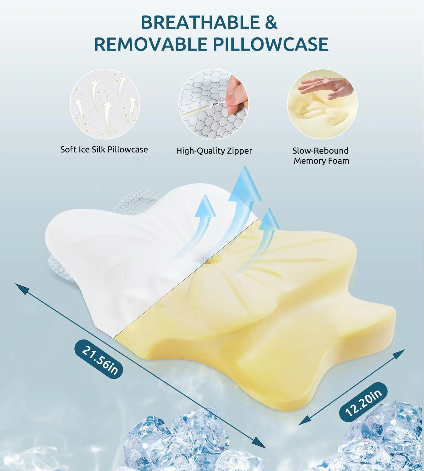 Cervical Memory Foam Pillow for Neck and Shoulder, Ergonomic Contour Cervical Pillow for Sleeping with 2 Heights, Cooling Neck Support Pillows for Side Back Stomach Sleeper Standard Size Blue