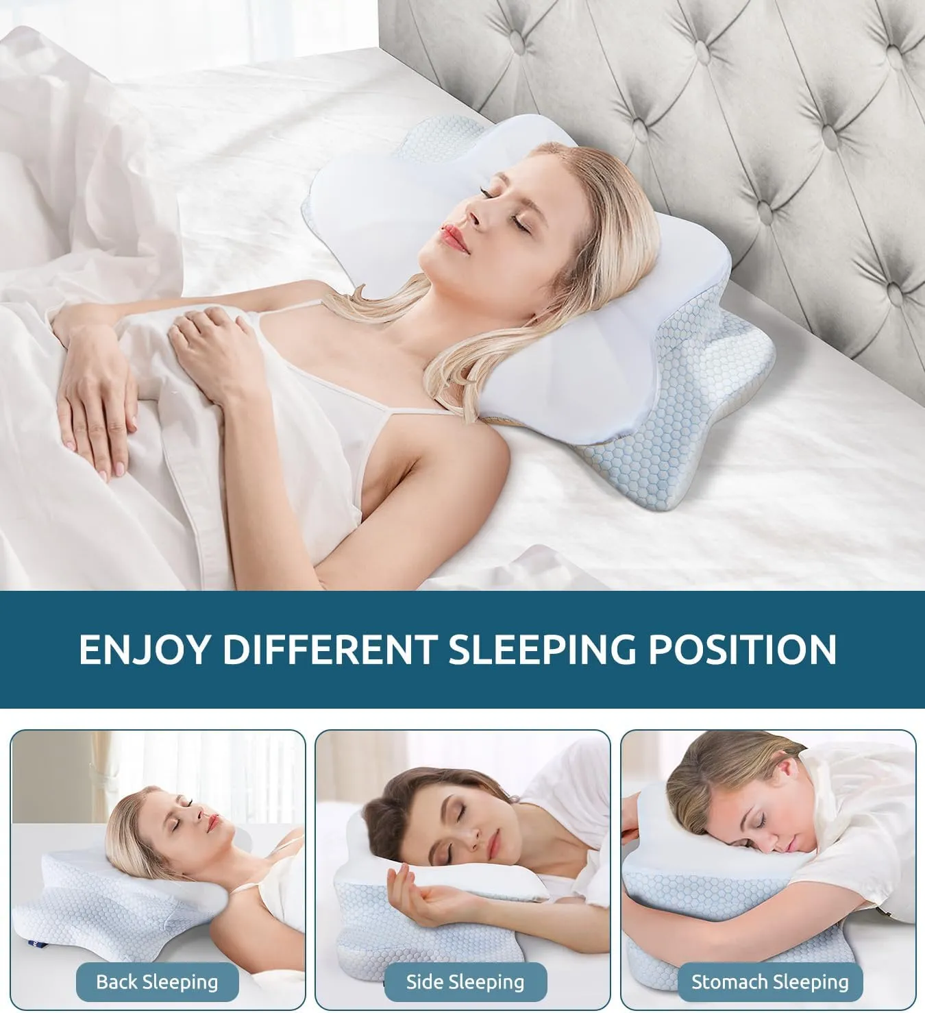 Cervical Memory Foam Pillow for Neck and Shoulder, Ergonomic Contour Cervical Pillow for Sleeping with 2 Heights, Cooling Neck Support Pillows for Side Back Stomach Sleeper Standard Size Blue