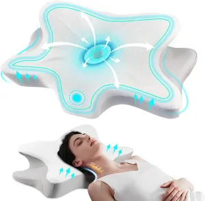 Cervical Neck Pillow for Neck and Shoulder Pain, Memory Foam Pillows for Side Sleeper, Ergonomic Pillow,Contour Orthopedic Bed Pillows for Back Stomach Sleepers (White Grey)