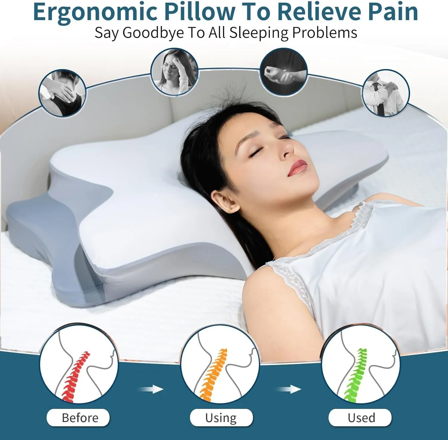Cervical Neck Pillow for Pain Relief - Ergonomic Memory Foam Pillows for Sleeping, Side Sleeper Pillow for Adults Neck Support, Contour Cooling Bed Pillow for Back Stomach Sleeper (Light Gray)