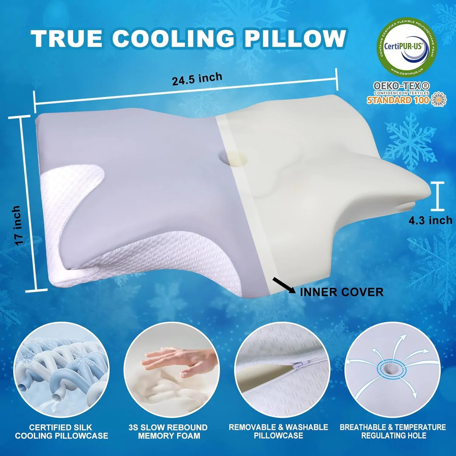 Cervical Neck Pillow for Sleeping, Cooling Memory Foam Pillows for Neck Pain Relief, Ergonomic Contour Orthopedic Side Sleeper Pillow for Neck Support, Back Stomach Sleepers (Gray & White)