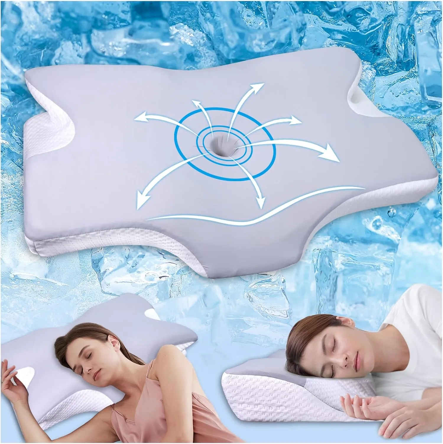 Cervical Neck Pillow for Sleeping, Cooling Memory Foam Pillows for Neck Pain Relief, Ergonomic Contour Orthopedic Side Sleeper Pillow for Neck Support, Back Stomach Sleepers (Gray & White)