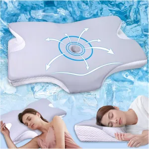Cervical Neck Pillow for Sleeping, Cooling Memory Foam Pillows for Neck Pain Relief, Ergonomic Contour Orthopedic Side Sleeper Pillow for Neck Support, Back Stomach Sleepers (Gray & White)