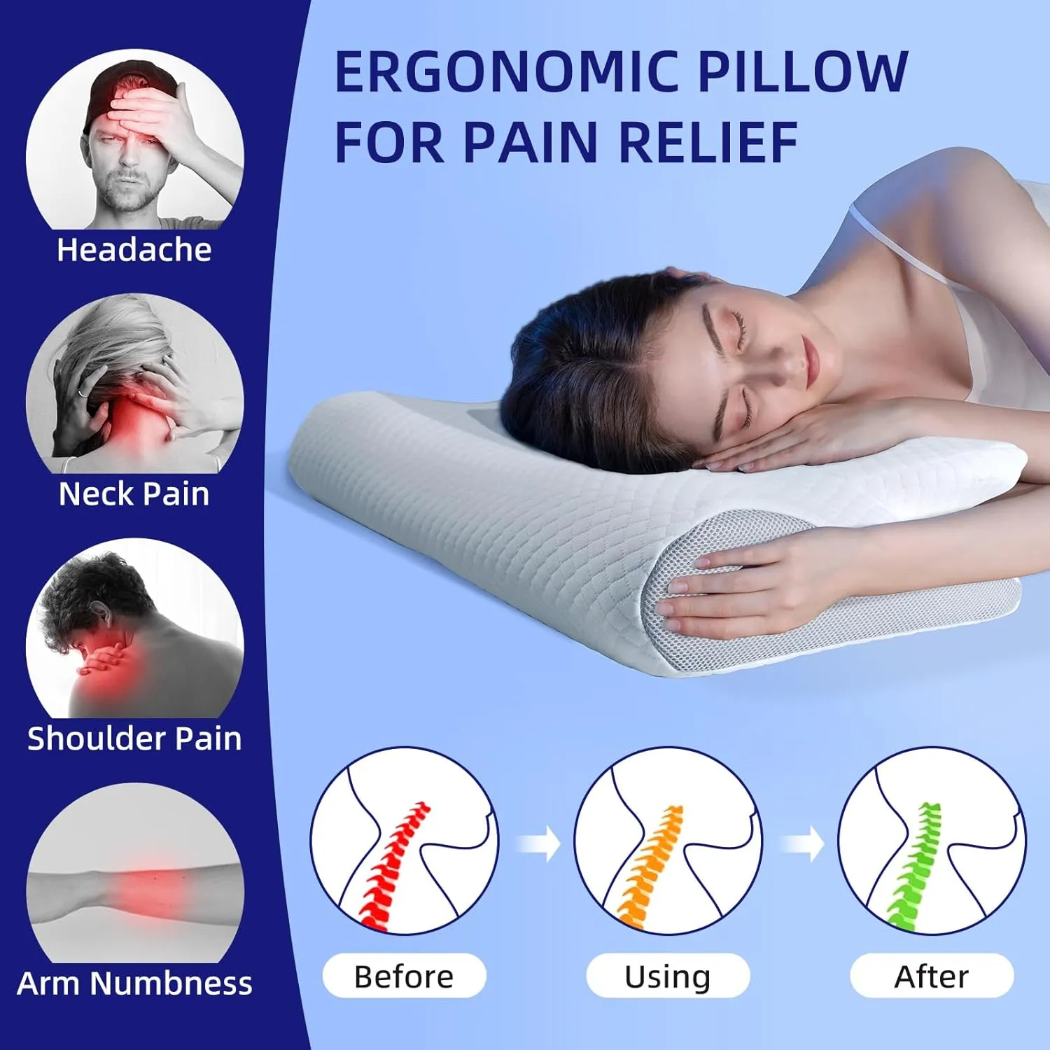 Cervical Neck Pillow for Sleeping, Memory Foam Pillow with 2 Different Side, Ergonomic Pillow for Side, Back, Stomach Sleepers with Breathable Pillowcase, Grey