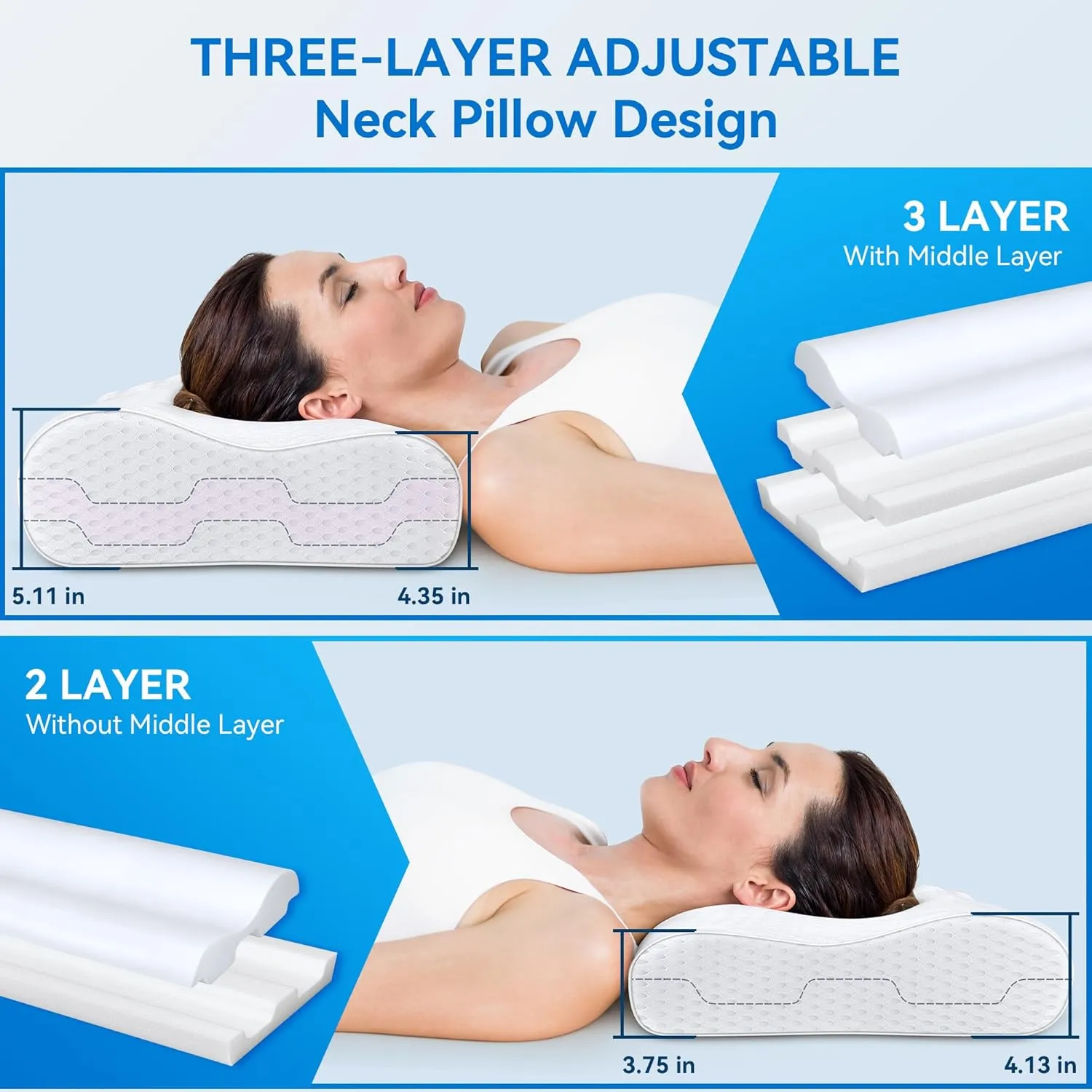 Cervical Neck Pillow King Size - Sandwich Dynamic Memory Foam Pillows for Sleeping, Adjustable Contour Ergonomic Orthopedic Cooling for Side, Back & Stomach Sleepers Soft, White