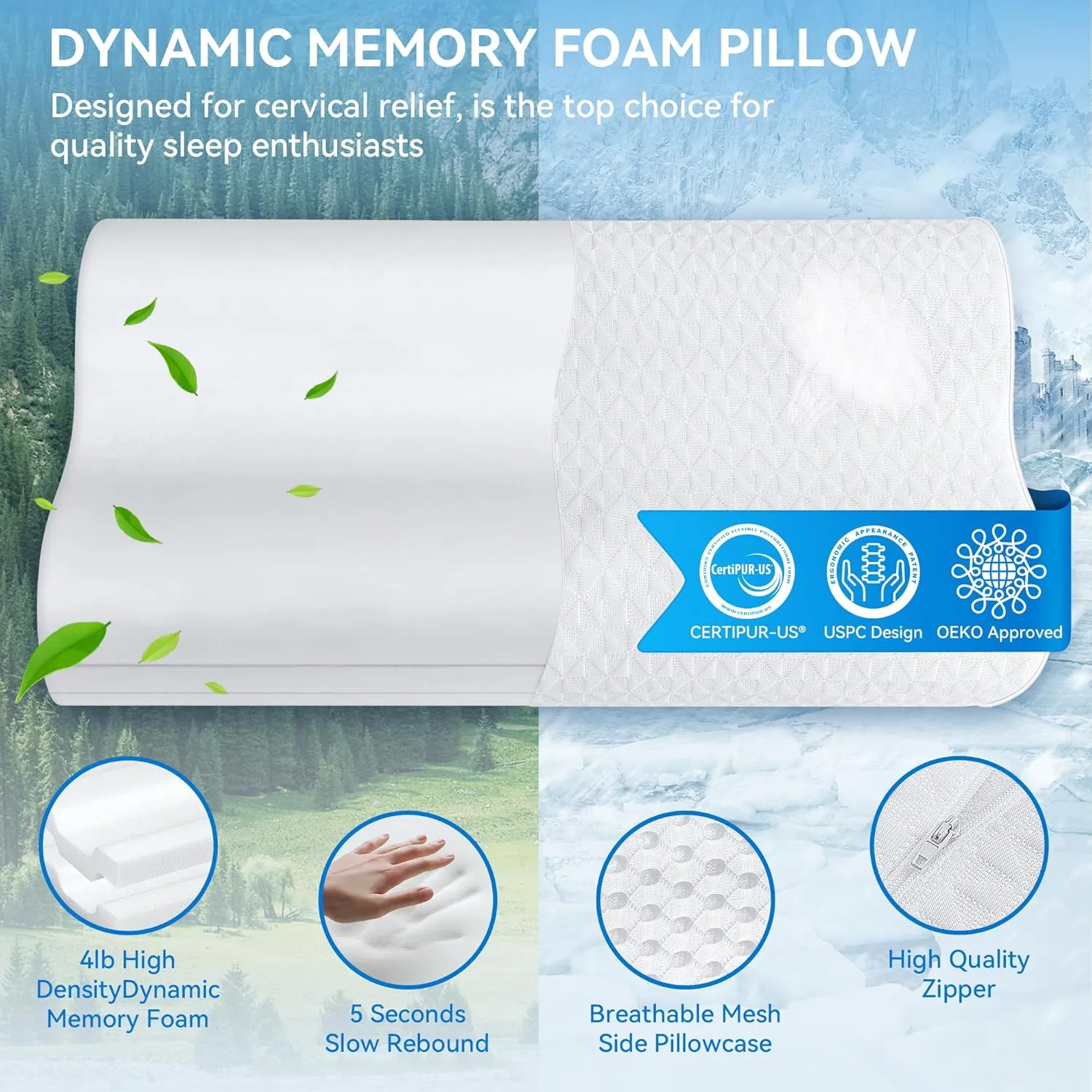 Cervical Neck Pillow King Size - Sandwich Dynamic Memory Foam Pillows for Sleeping, Adjustable Contour Ergonomic Orthopedic Cooling for Side, Back & Stomach Sleepers Soft, White
