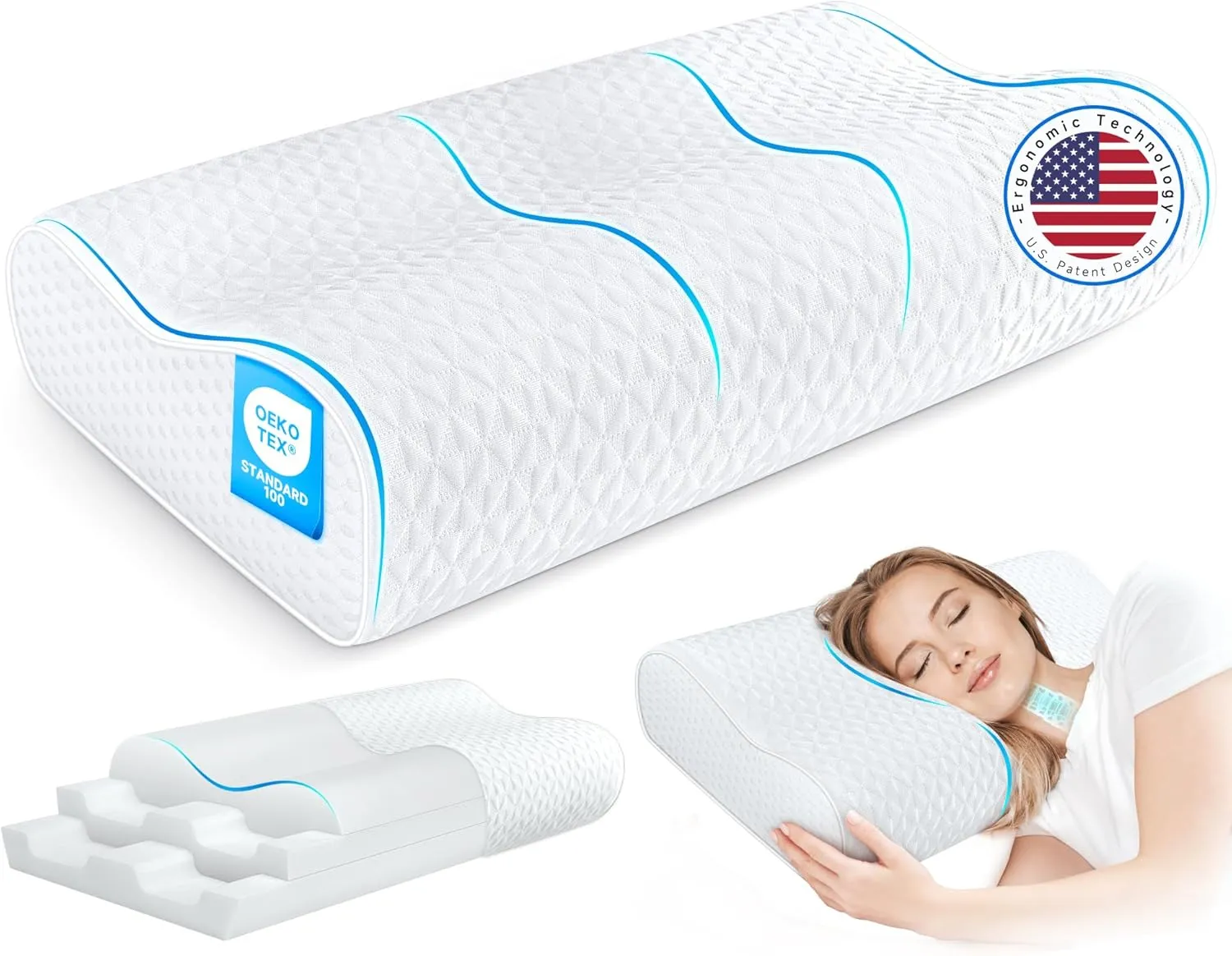 Cervical Neck Pillow King Size - Sandwich Dynamic Memory Foam Pillows for Sleeping, Adjustable Contour Ergonomic Orthopedic Cooling for Side, Back & Stomach Sleepers Soft, White