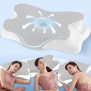 Cervical Neck Pillow, Memory Foam Pillows for Neck Support, Ergonomic Contour Side Sleeper Pillow for Side Back Stomach Sleeper with Pillowcase, Cyan Grey