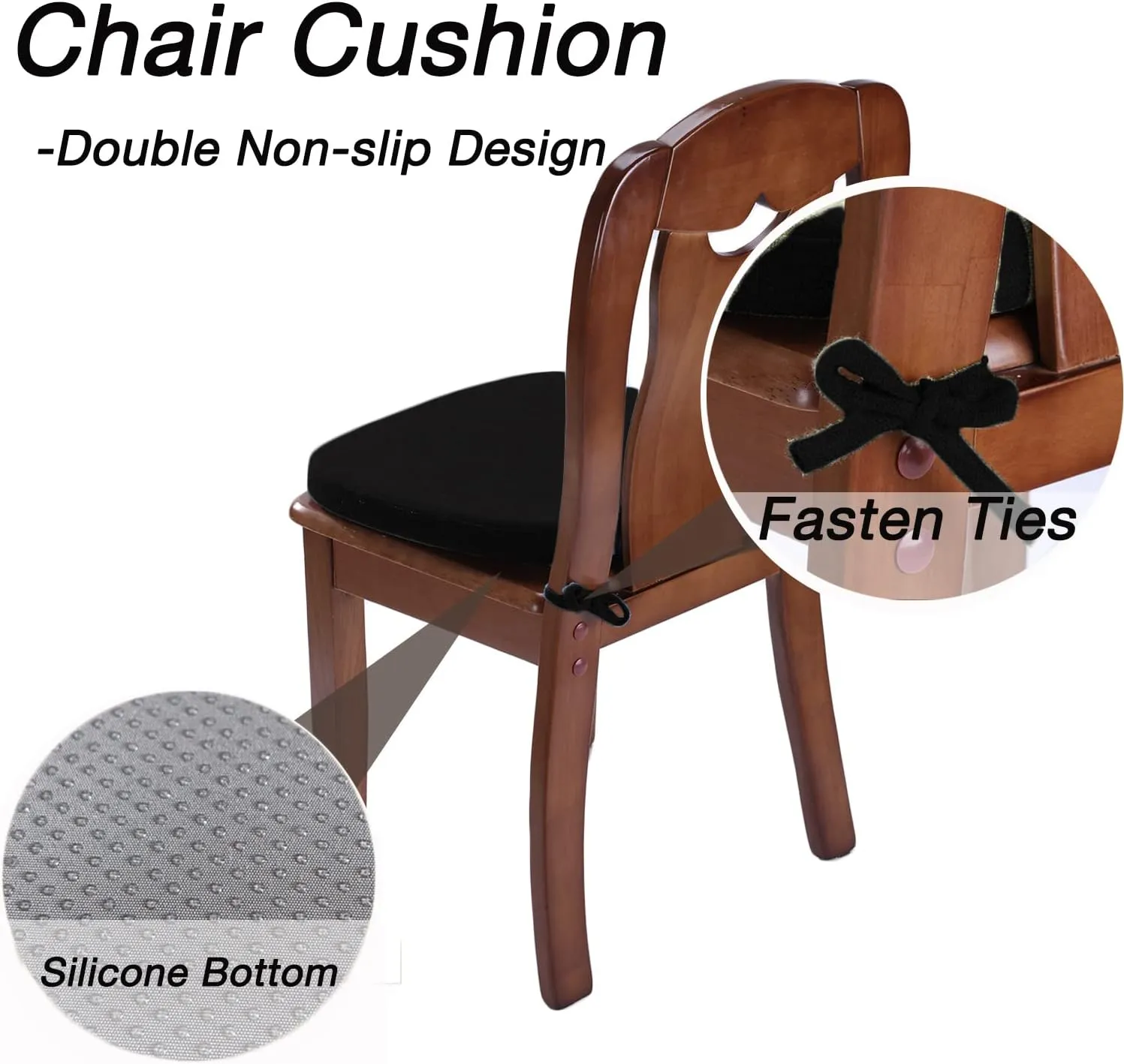 Chair Cushion with Ties for Dining Chair - Memory Foam No Slip Kitchen Chair pad and Dining Room Seat Cushion with Machine Washable Cover [16.5 X 16.2 Inches] - Black