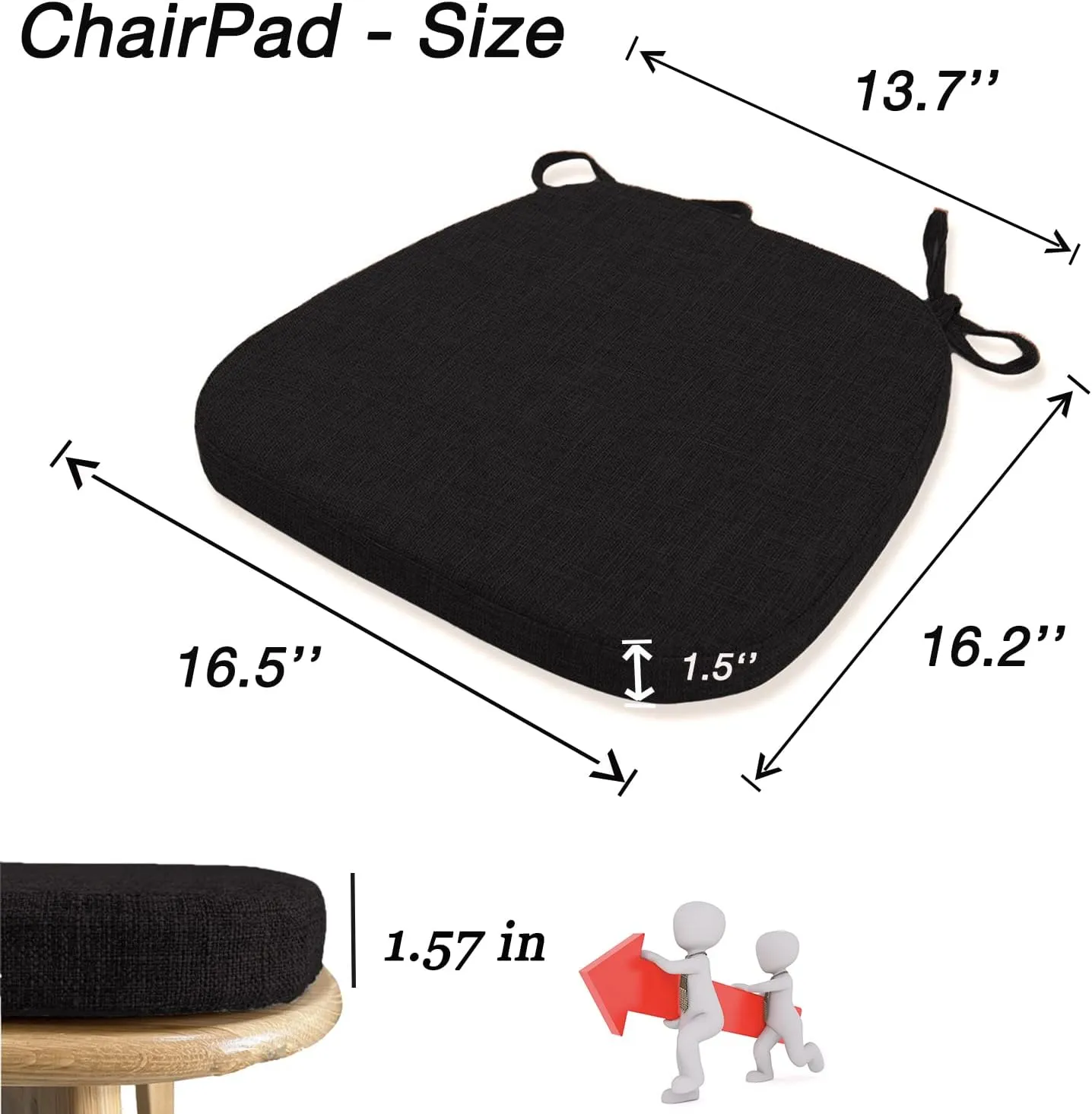 Chair Cushion with Ties for Dining Chair - Memory Foam No Slip Kitchen Chair pad and Dining Room Seat Cushion with Machine Washable Cover [16.5 X 16.2 Inches] - Black