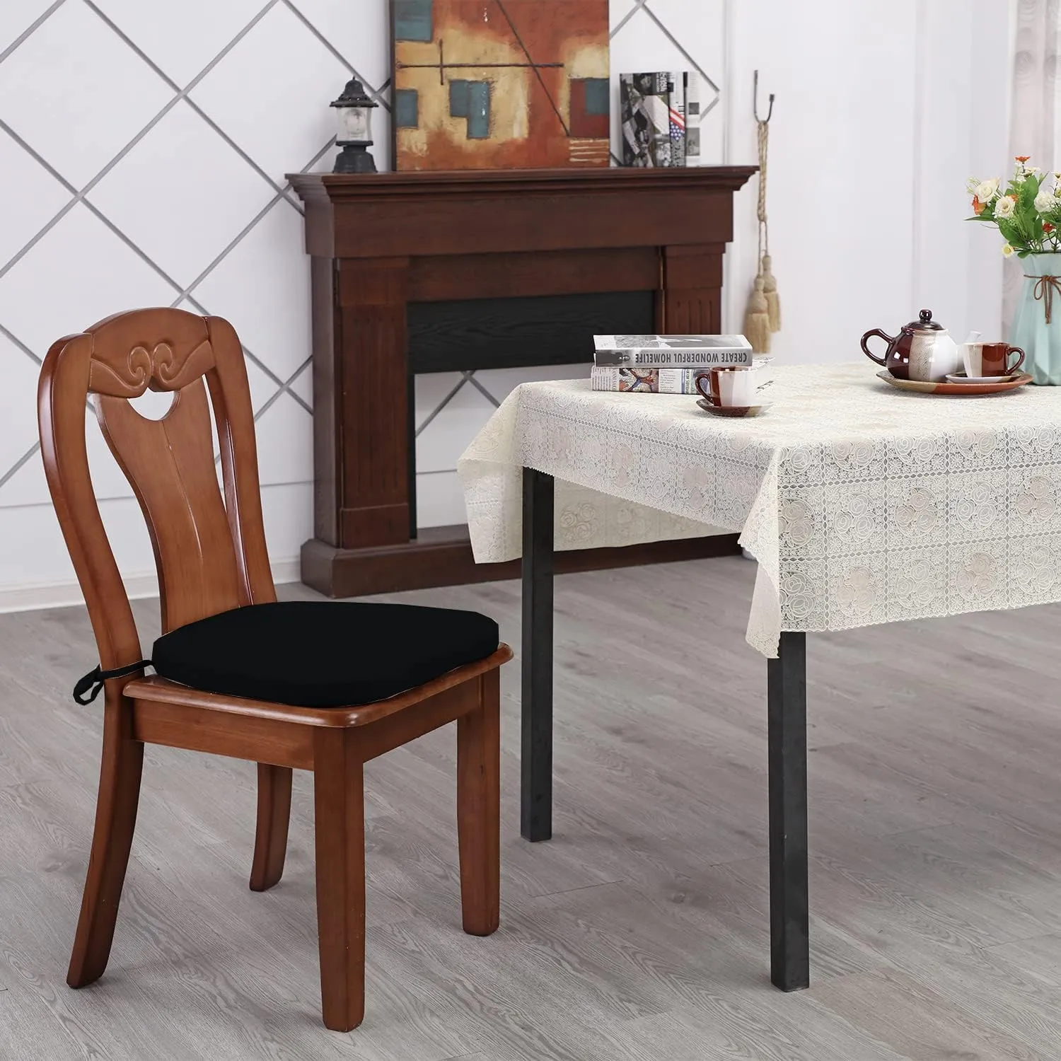 Chair Cushion with Ties for Dining Chair - Memory Foam No Slip Kitchen Chair pad and Dining Room Seat Cushion with Machine Washable Cover [16.5 X 16.2 Inches] - Black