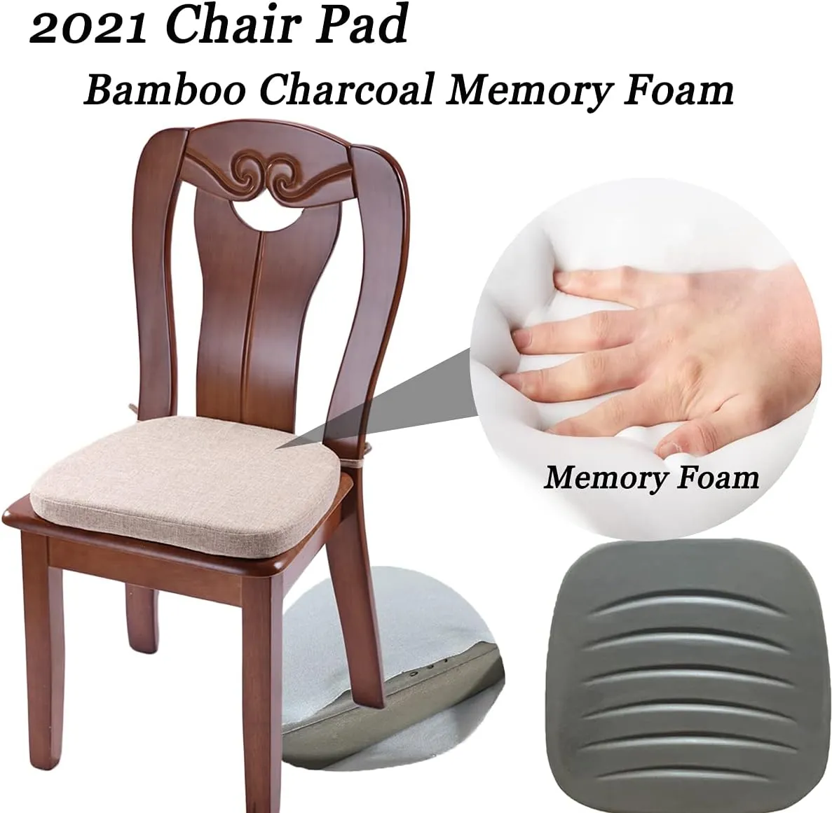 Chair Cushion with Ties for Dining Chairs - Memory Foam Non Slip Kitchen Chair Pad and Dining Seat Cushion with Machine Washable Cover Set of 4 [16.5 x 16.2 Inches] - Dark Beige